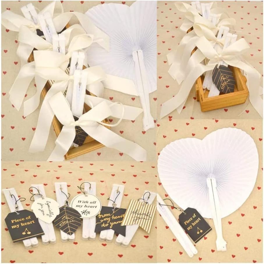 96 pezzi Ventagli pieghevoli bianchi a forma di cuore in carta di plastica per feste, eventi, matrimoni, compleanni
