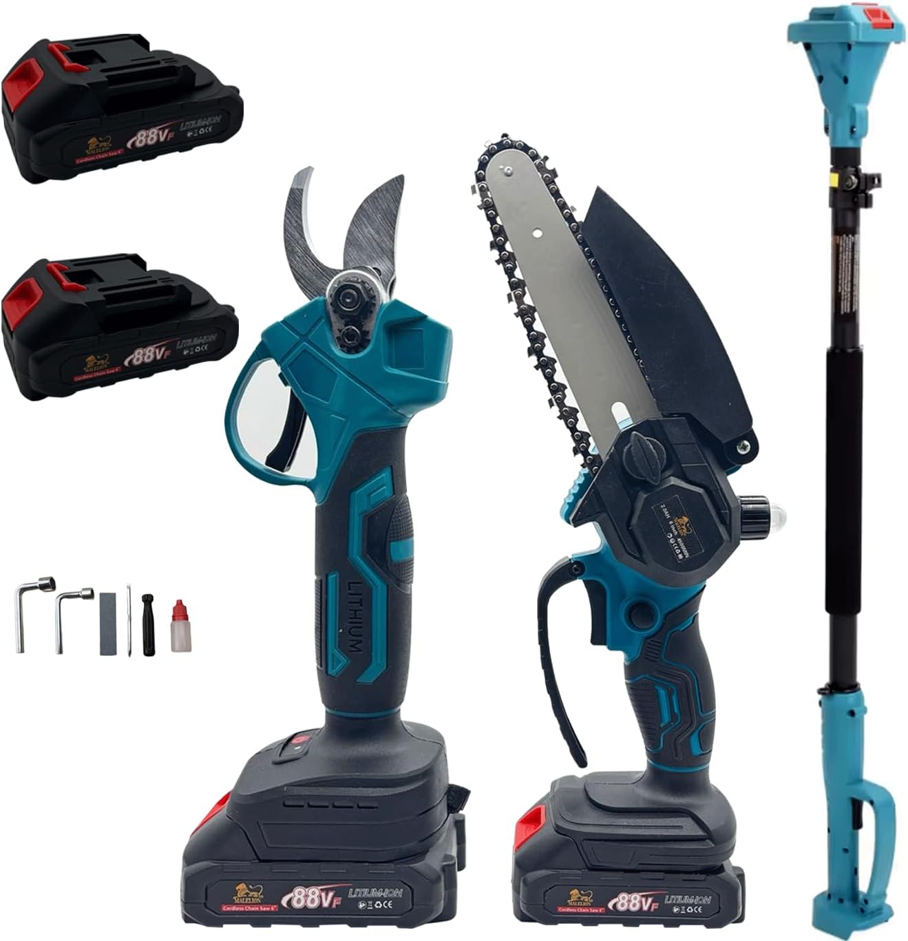 081 Store - Kit Set per Potatura a Batteria, con Cesoie Forbici e Mini Motosega da 6" Pollici, con Asta Telescopica da 208 cm, Cesoie Elettriche per Potatura Giardino Rami Arbusti Vigneto
