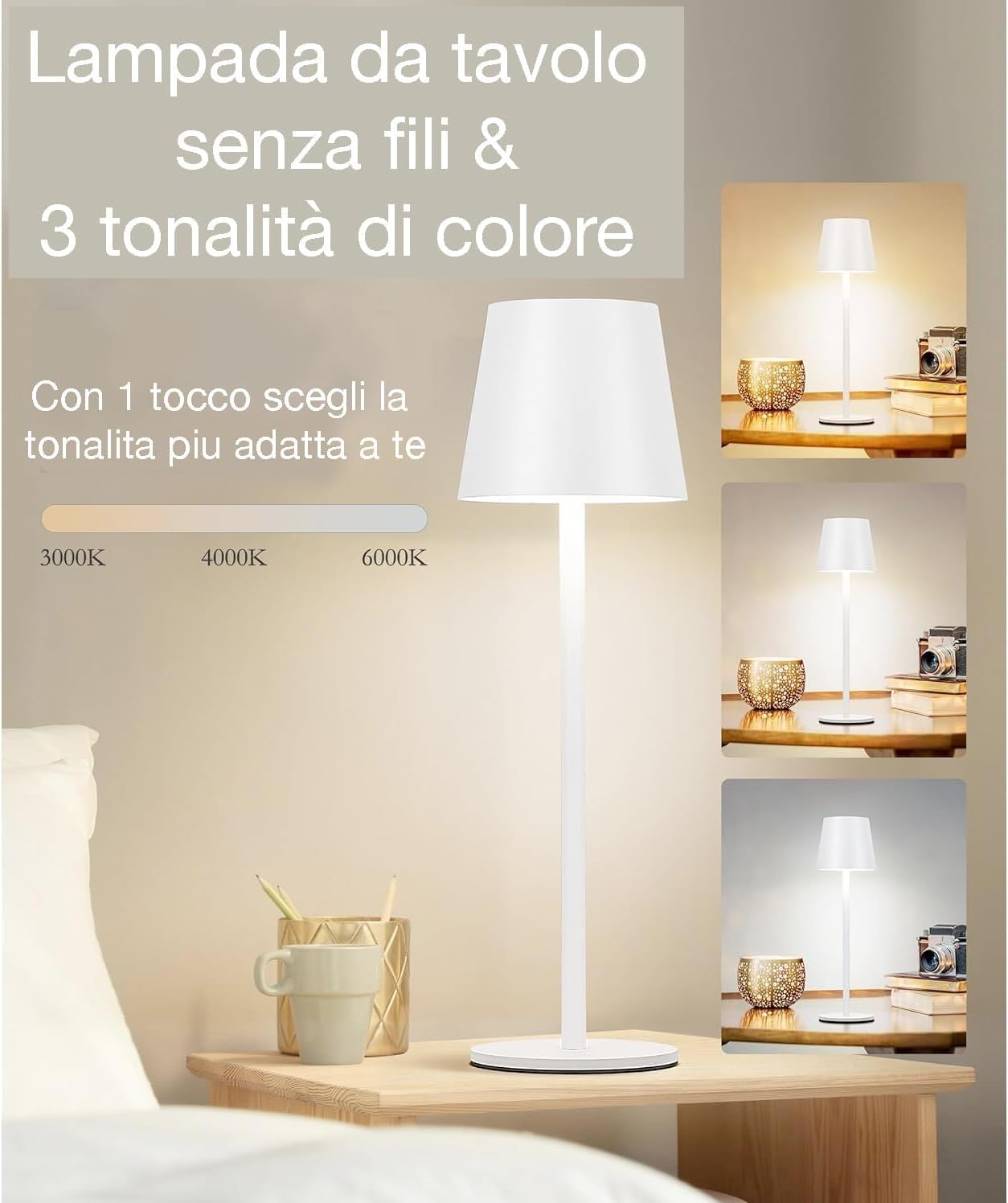 081 Store - LAMPADA DA TAVOLO SENZA FILI RICARICABILE BIANCHE, LAMPADA DA TAVOLO LED DIMMERABILE E CON 3 TONALITà DI LUCE, DIMMERABILE 3000-65000K ED IMPERMEABILE IP54