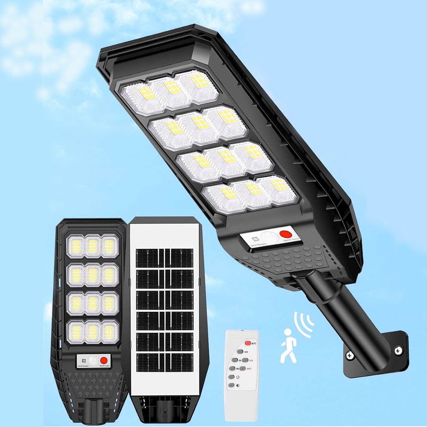 081 Store - lampione solare esterno 200W, con palo e telecomando, sensore di movimento e crepuscolare con 144 LED luce bianco freddo