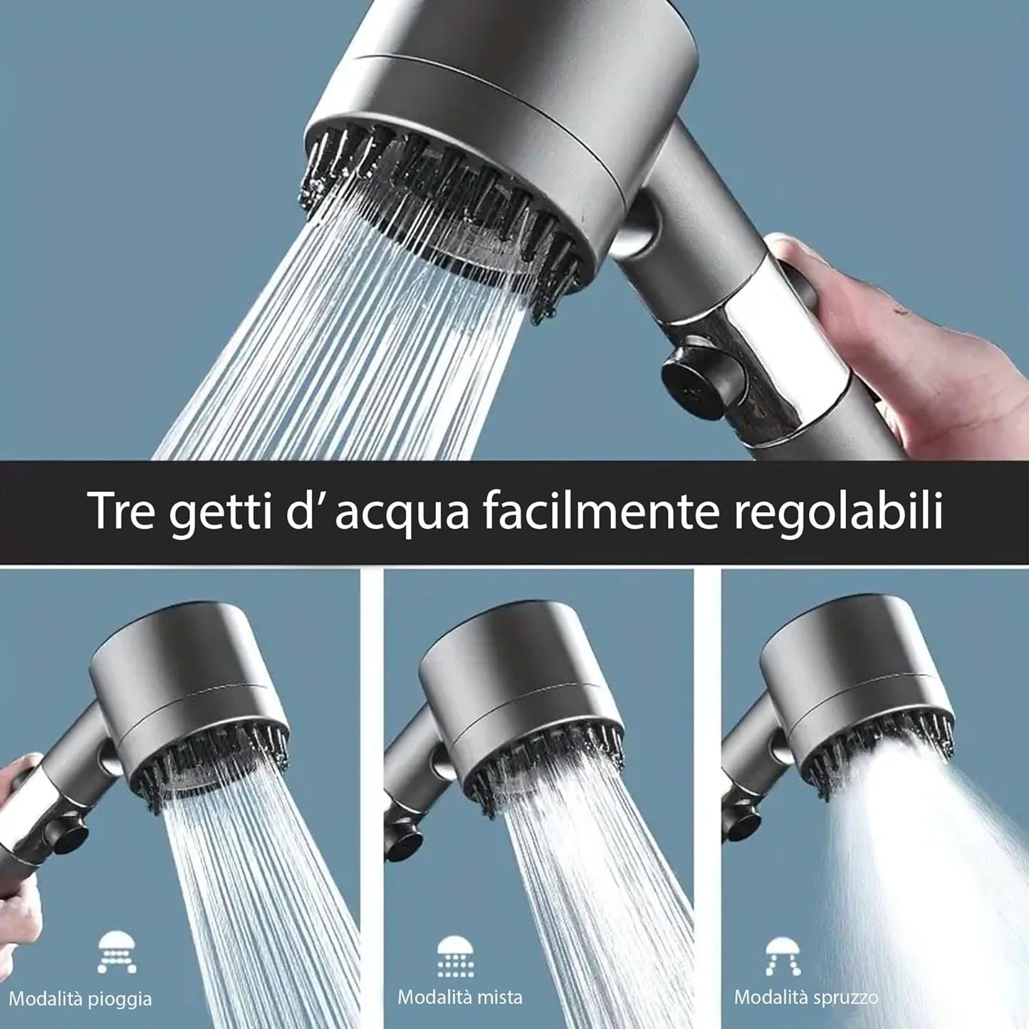 081 Store - Soffione doccia alta pressione,Soffione doccia con filtro, doccetta massaggiante con 3 modalità di getto, Soffione con funzione di arresto completo di flessibile di 2 metri