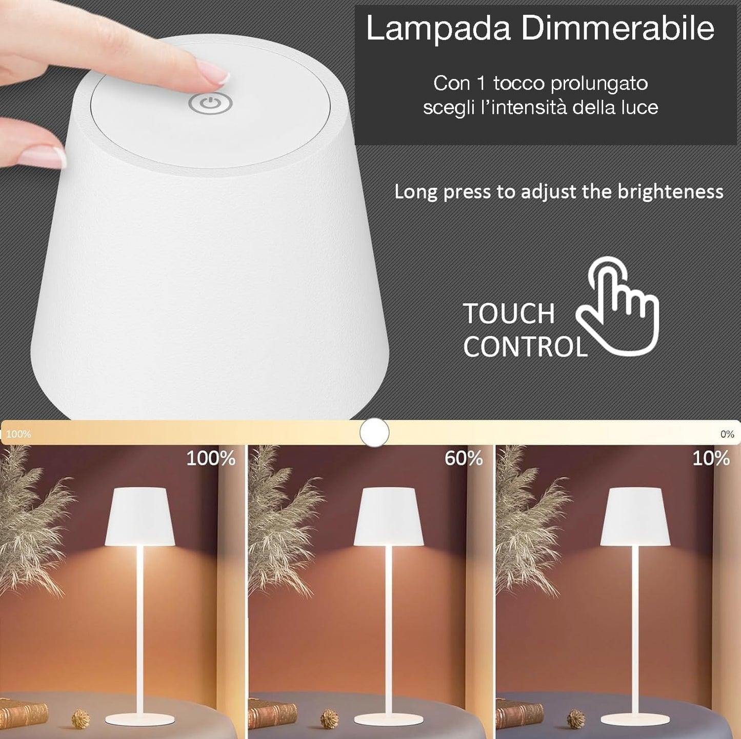 081 Store - LAMPADA DA TAVOLO SENZA FILI RICARICABILE BIANCHE, LAMPADA DA TAVOLO LED DIMMERABILE E CON 3 TONALITà DI LUCE, DIMMERABILE 3000-65000K ED IMPERMEABILE IP54