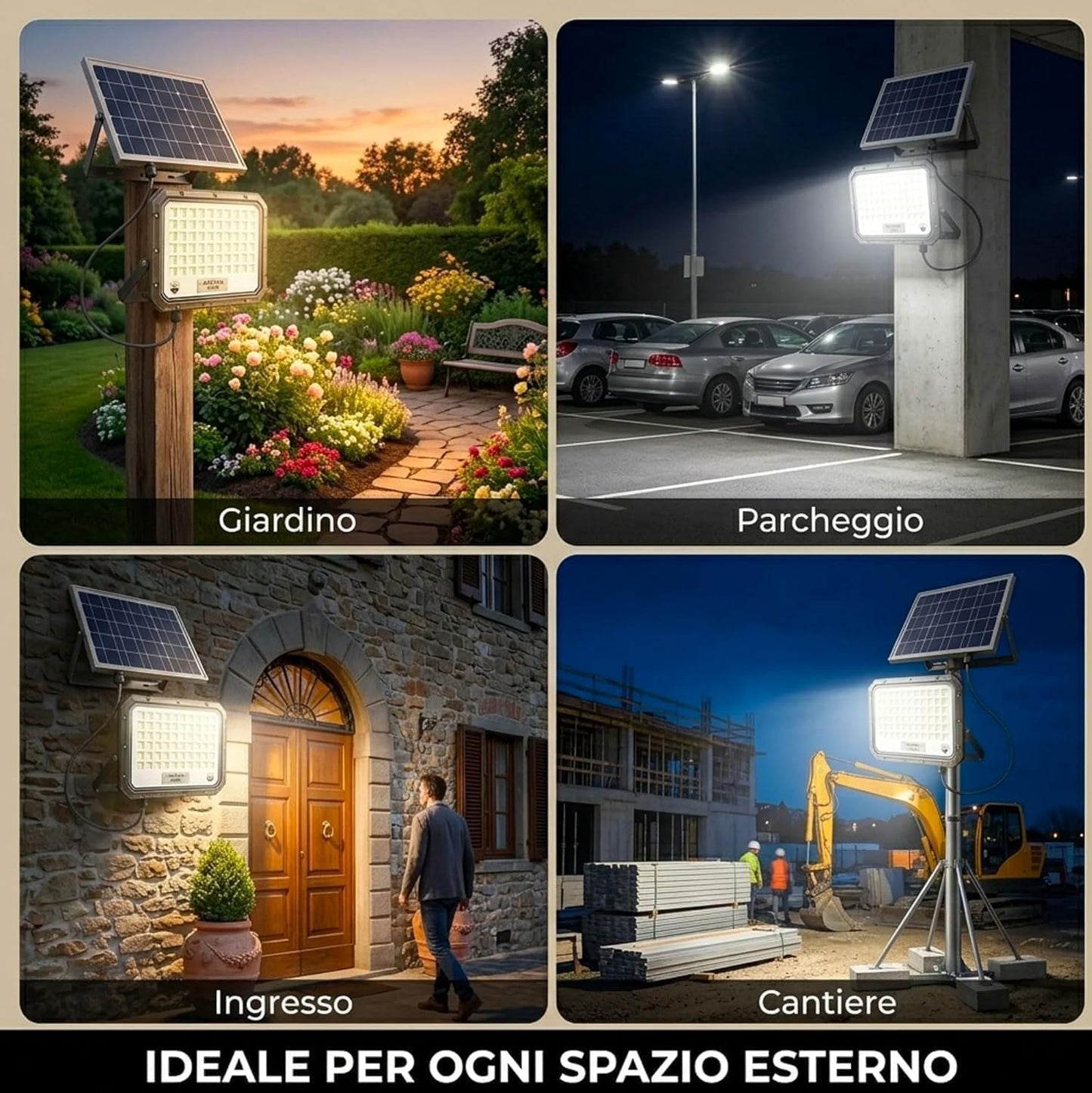 Faro LED da Esterno Solare 2000W con Pannello Solare, Sensore Crepuscolare, Telecomando, Luce Bianca Fredda, IP66 Impermeabile