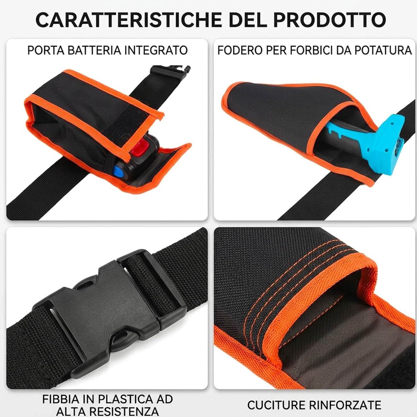 Cintura Porta Forbici da Potatura con Fodero e Porta Batteria – Custodia in Nylon Resistente con Cintura Regolabile e 2 Tasche per Attrezzi da Giardino