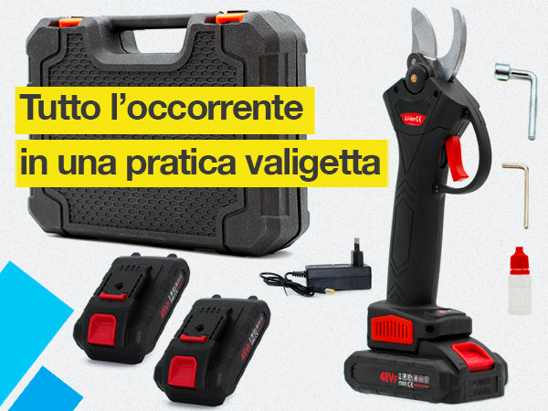 081 Store - Forbici Potatura con 2 Batterie da 48V e Comoda Valigetta, Cesoie Elettriche portatile, ASSISTENZA BATTERIA IMMEDIATA