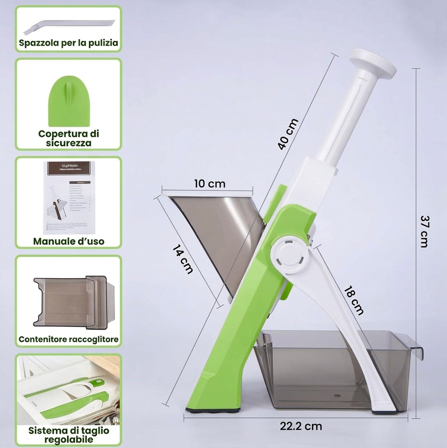 Mandolina da Cucina Multifunzione 12 in 1 con Contenitore – Affettatrice Manuale Verdure Frutta Professionale con Lame in Acciaio Regolabili per Julienne, Chips, Insalate e Patatine