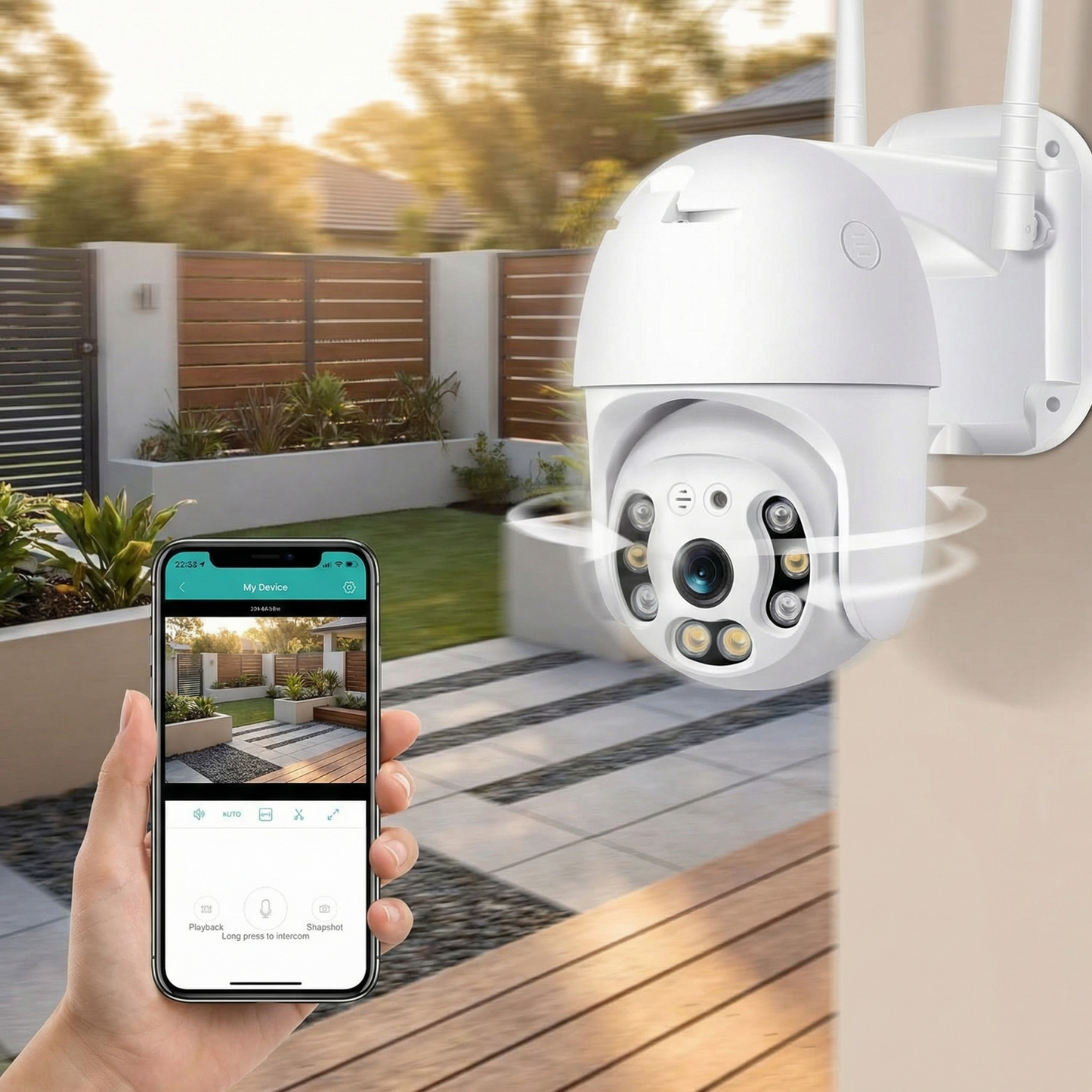 Telecamera wifi esterno 360° con visione notturna a colori, Videocamera ptz da esterno con rilevamento del movimento, audio bidirezionale ed app icsee