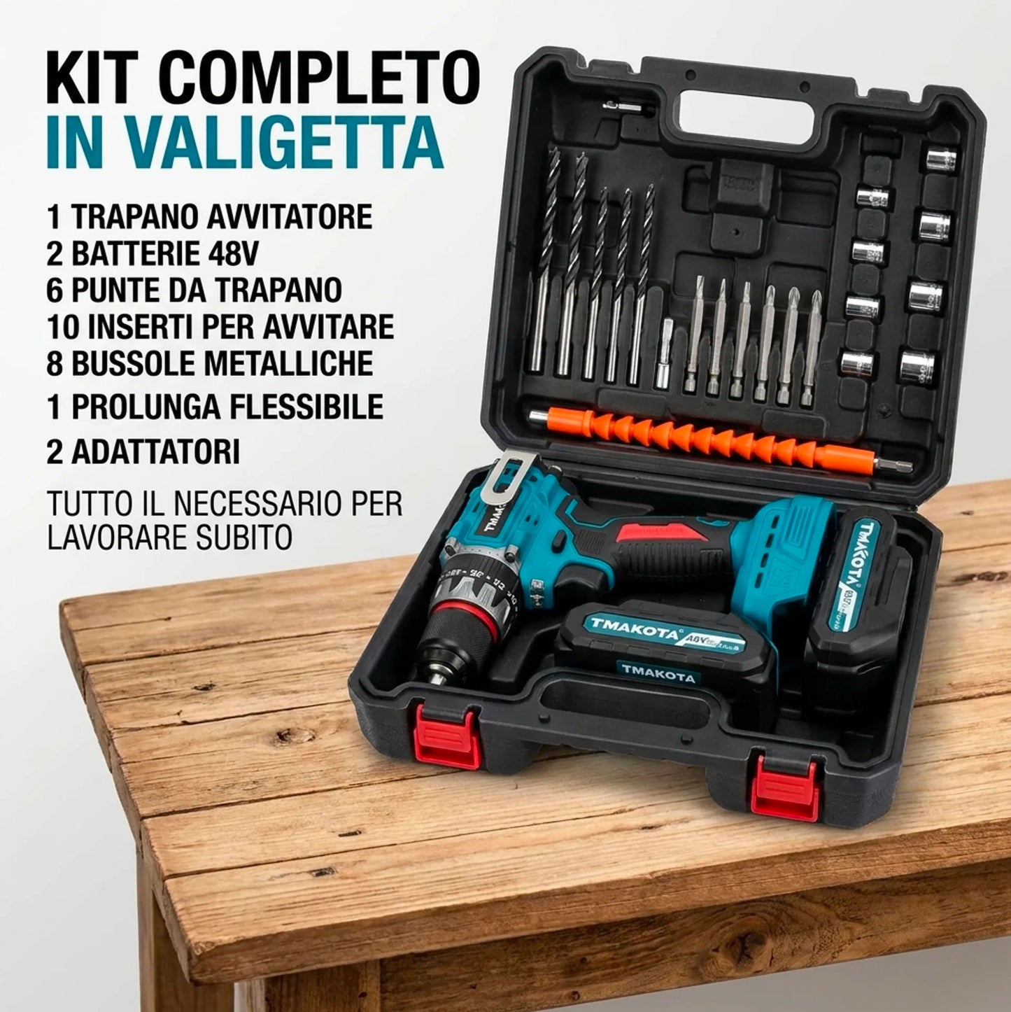 Trapano Avvitatore Cordless 48V Professionale con Kit Accessori Completo, 2 Batterie, Motore Brushless, Regolazione Coppia, Trapano Avvitatore a Batteria per Casa e Fai da Te