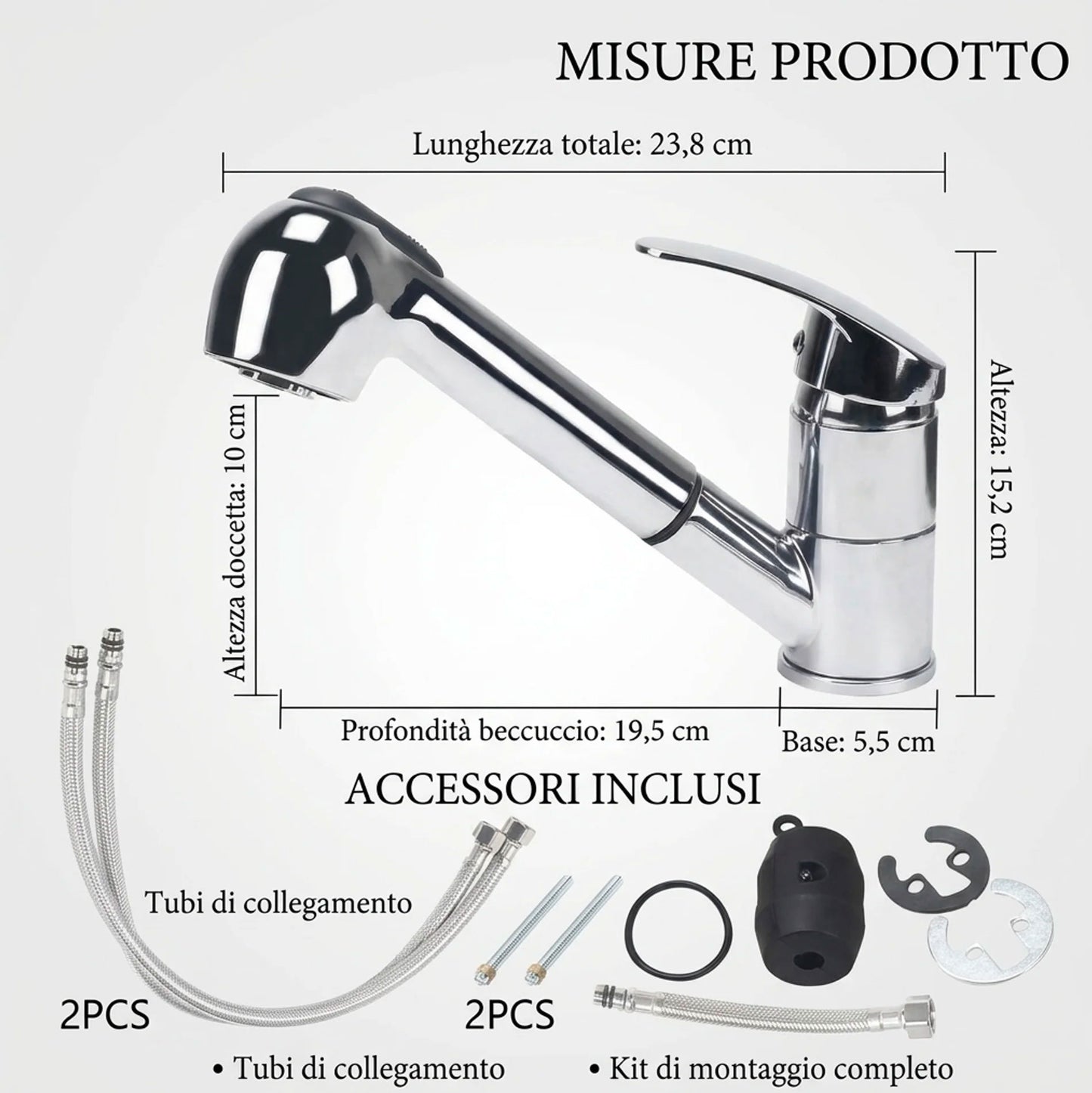 Rubinetto Cucina con Doccetta Estraibile 360° Cromato Miscelatore Monocomando Lavello con Doppio Getto e Acqua Calda Fredda