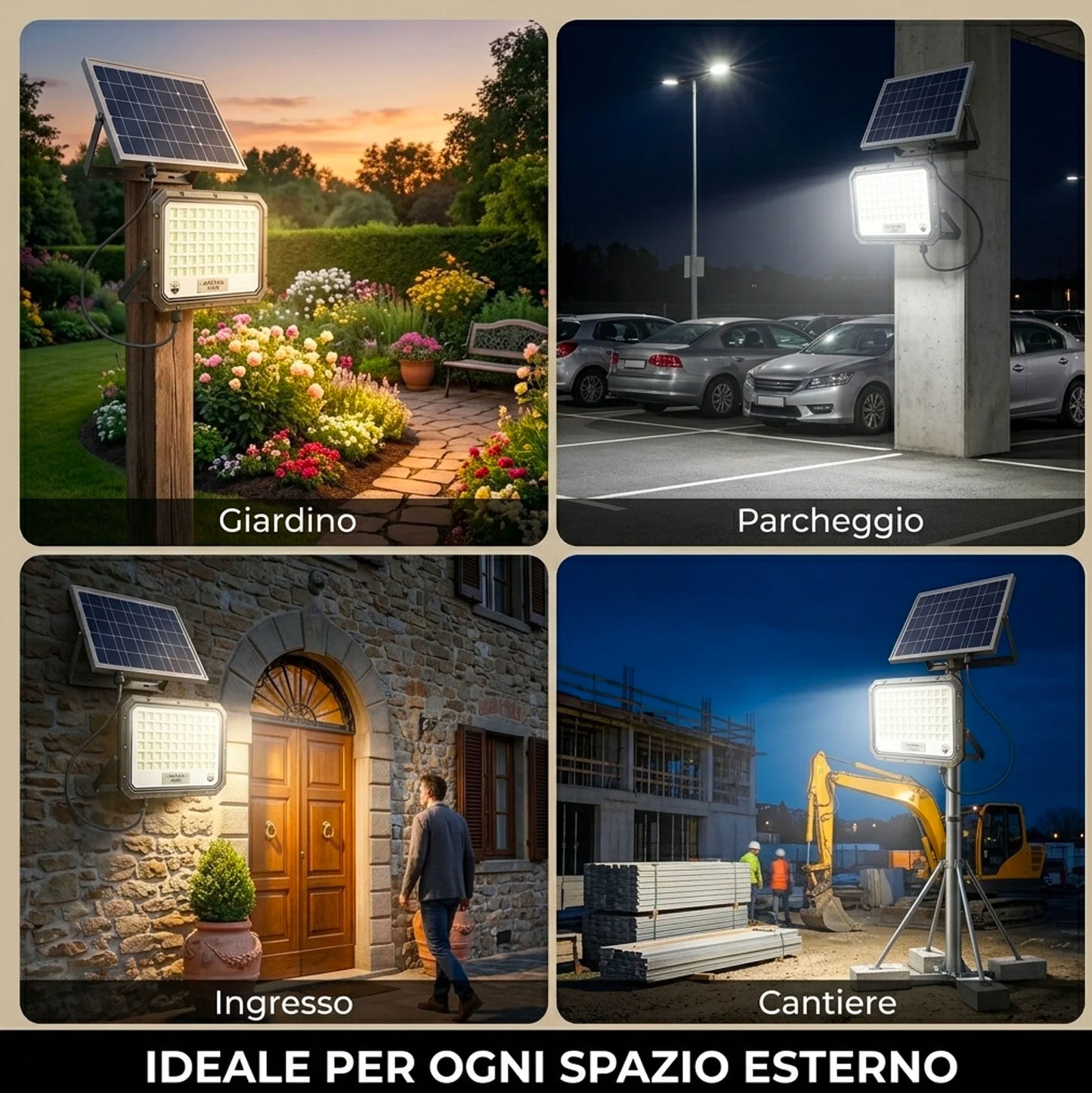 Faro Solare LED 1000W da Esterno con Pannello Fotovoltaico IP66 e Telecomando – Faretto Crepuscolare Automatico Alta Potenza per Giardino, Cortile, Parcheggio e Ingressi
