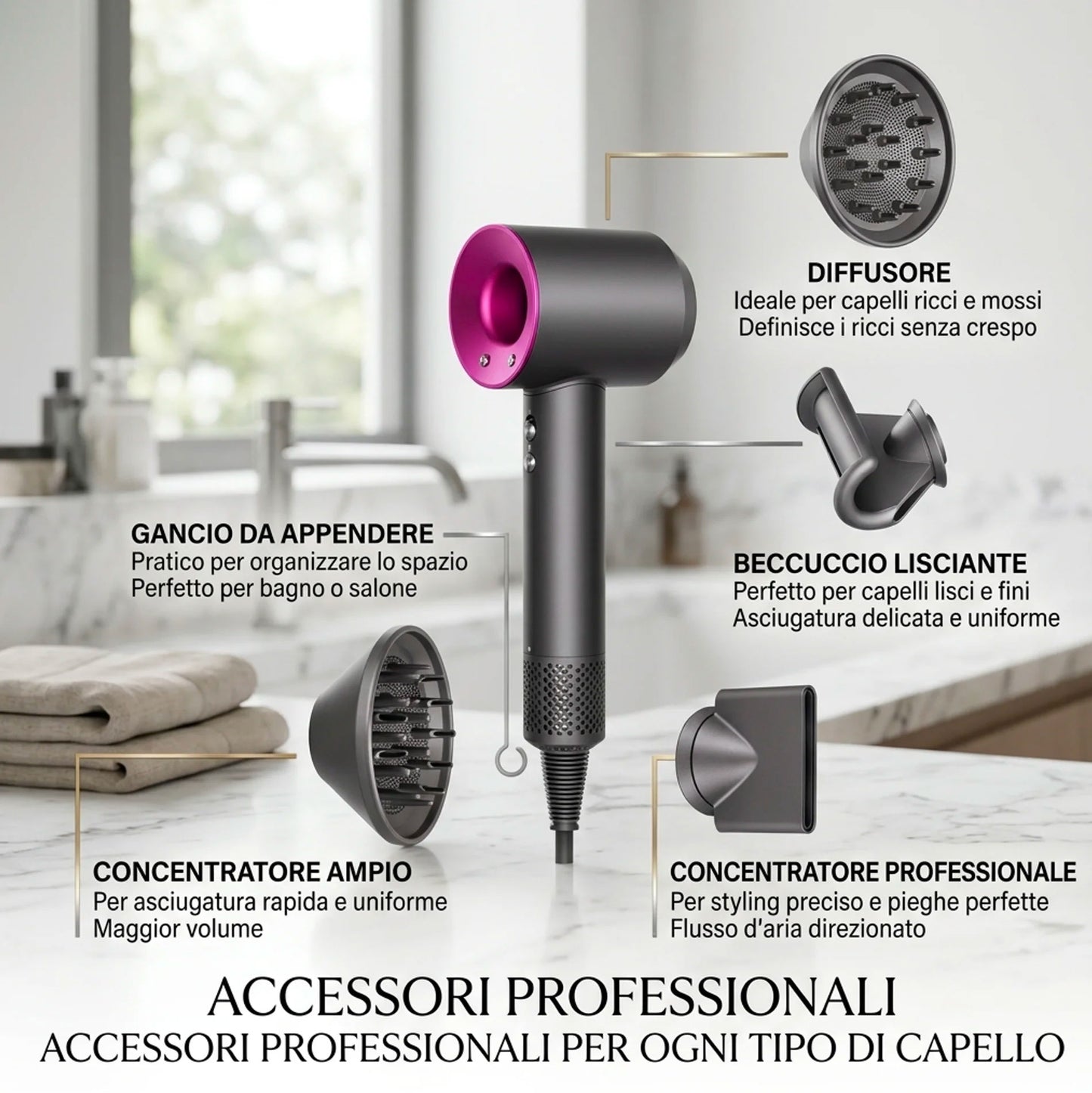 Asciugacapelli Professionale ad Alta Velocità con Accessori – Phon Ionico Potente Anti Crespo con Diffusore e Concentratore