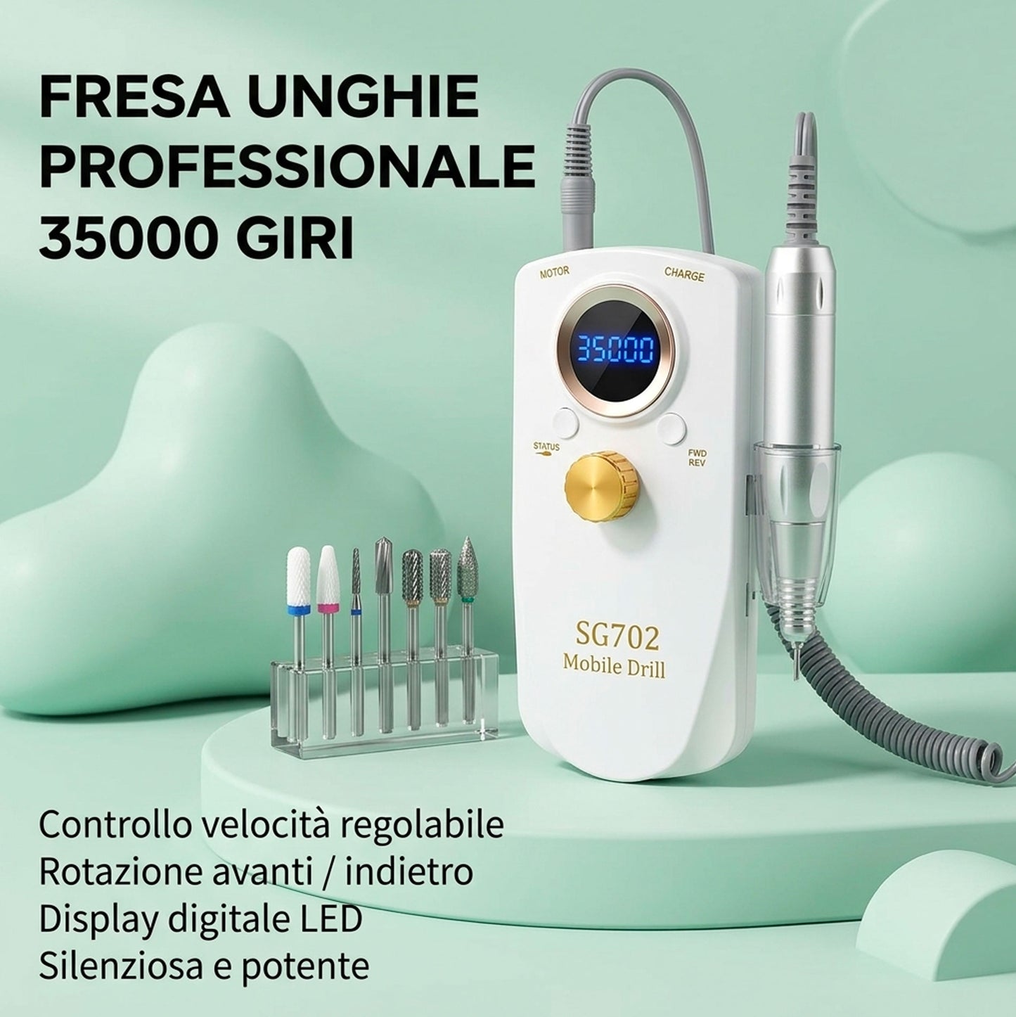Fresa Unghie Professionale 35000 Giri Portatile SG702 Trapano Unghie Elettrico Manicure Pedicure Lima Unghie Gel Acrilico Ricostruzione Nail Drill Display Digitale