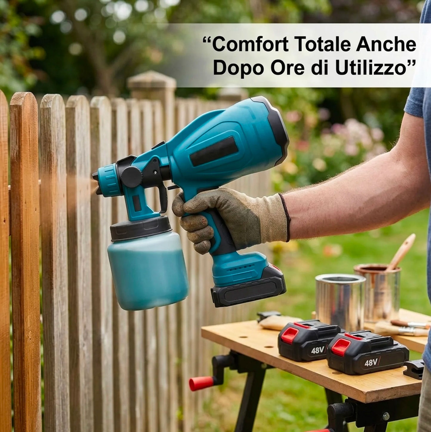Verniciatrice Elettrica Wireless 48V 550W Professionale con Doppia Batteria – Pistola a Spruzzo per Vernice, Smalti e Protettivi con Serbatoio 800ml e Ugelli Intercambiabili
