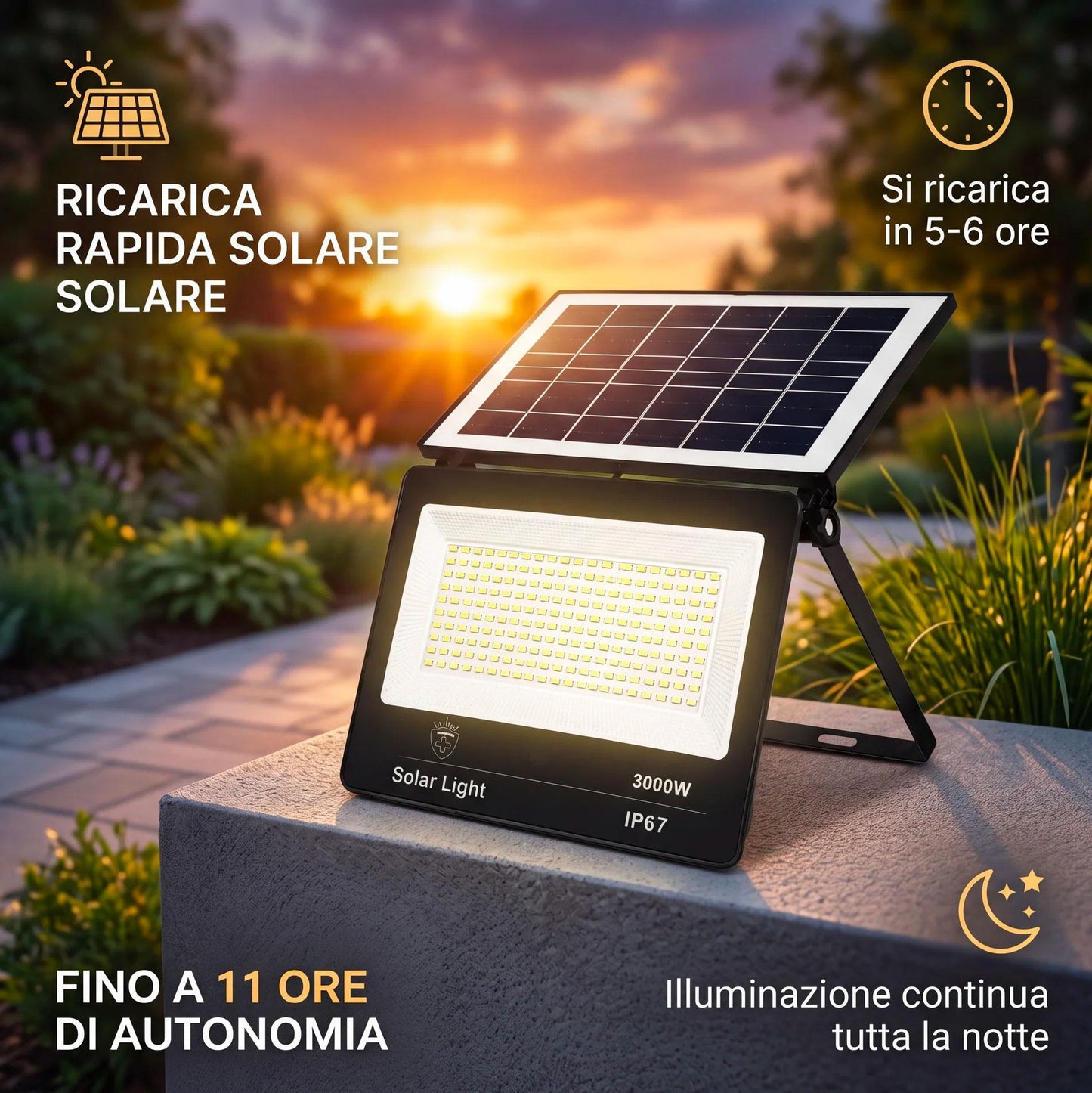 Faro LED Esterno Solare 3000W con Sensore Crepuscolare e Telecomando IP67