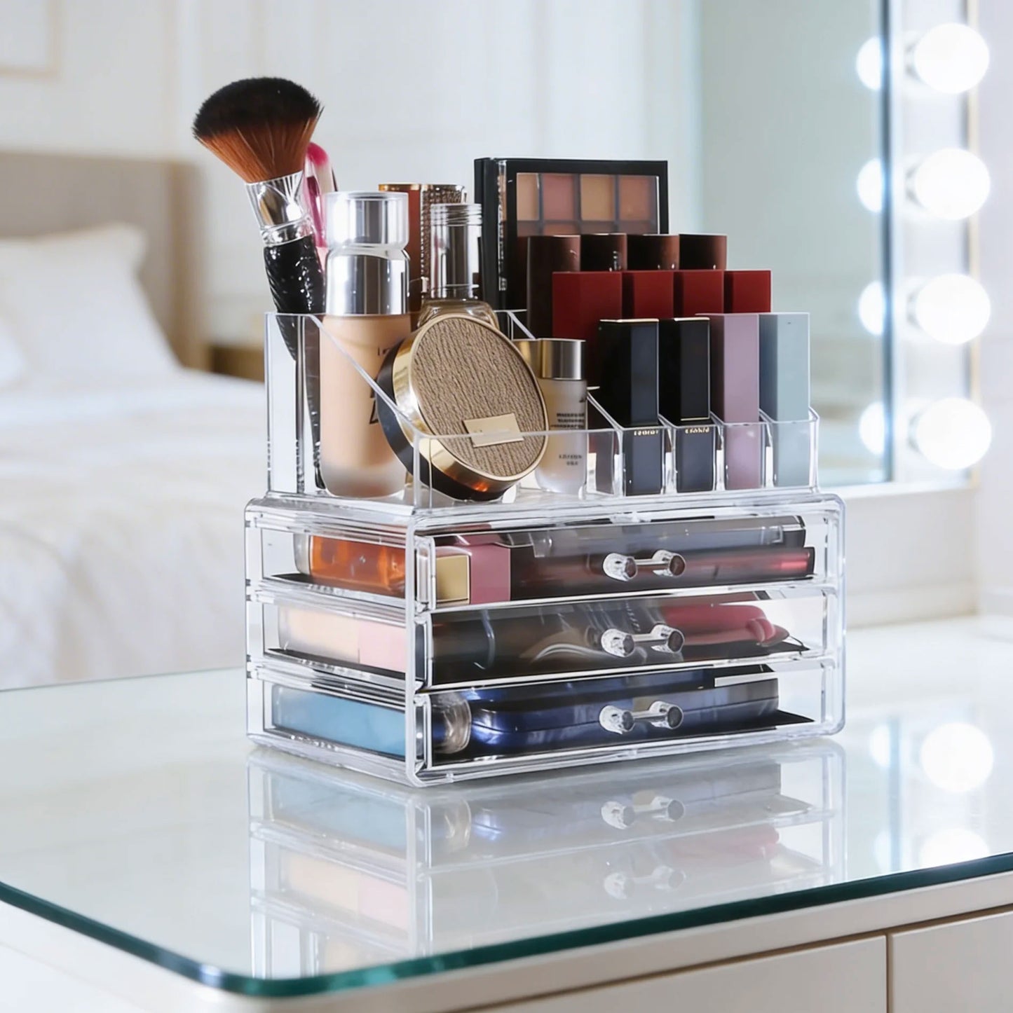081 Store Organizer per trucchi, organizer per cosmetici, organizer per trucchi con 15 scomparti e 3 cassetti in acrilico per toeletta