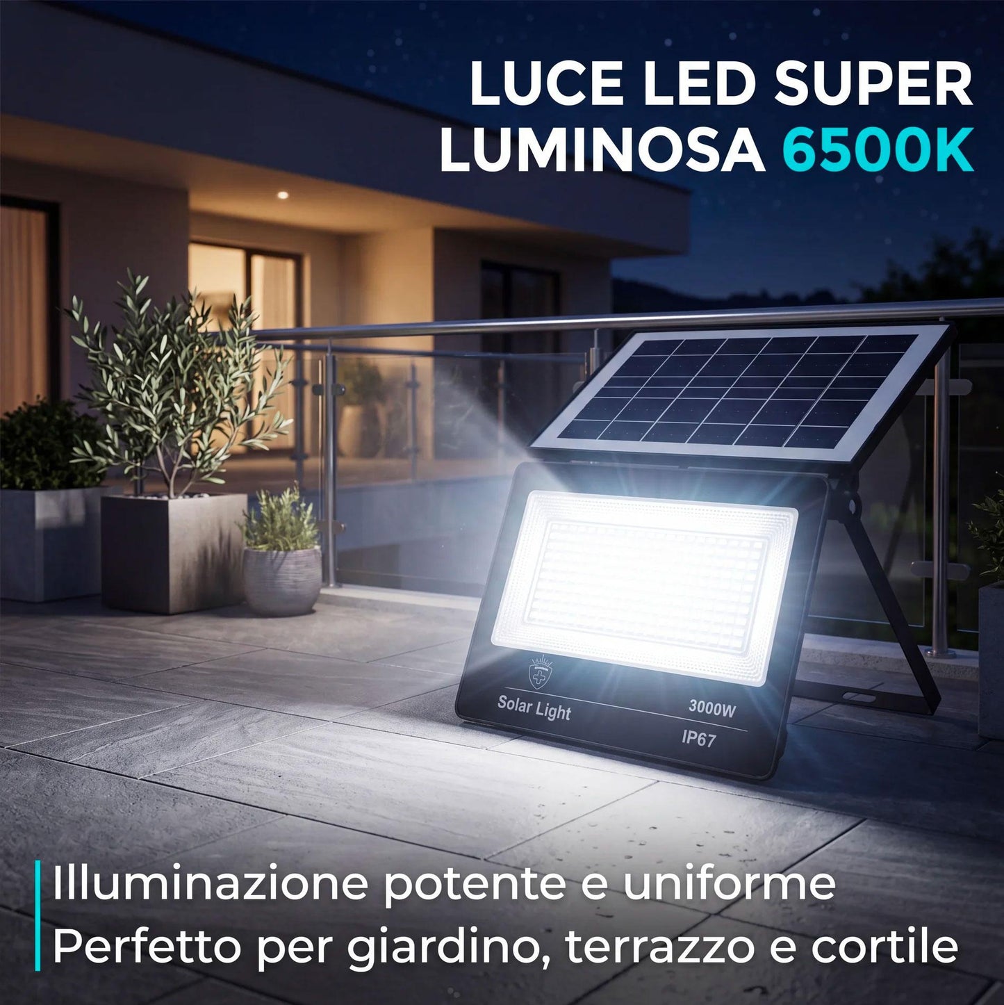 Faro LED Esterno Solare 3000W con Sensore Crepuscolare e Telecomando IP67