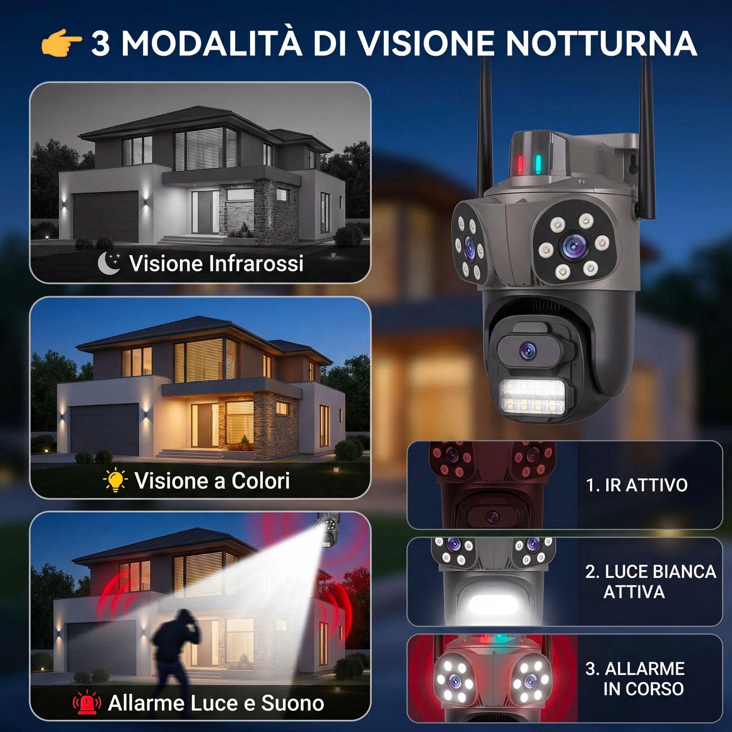 Telecamera WiFi Esterno con App iCSee, 360° Pan Tilt, Visione Notturna, Allarme Sirena e Controllo da Smartphone