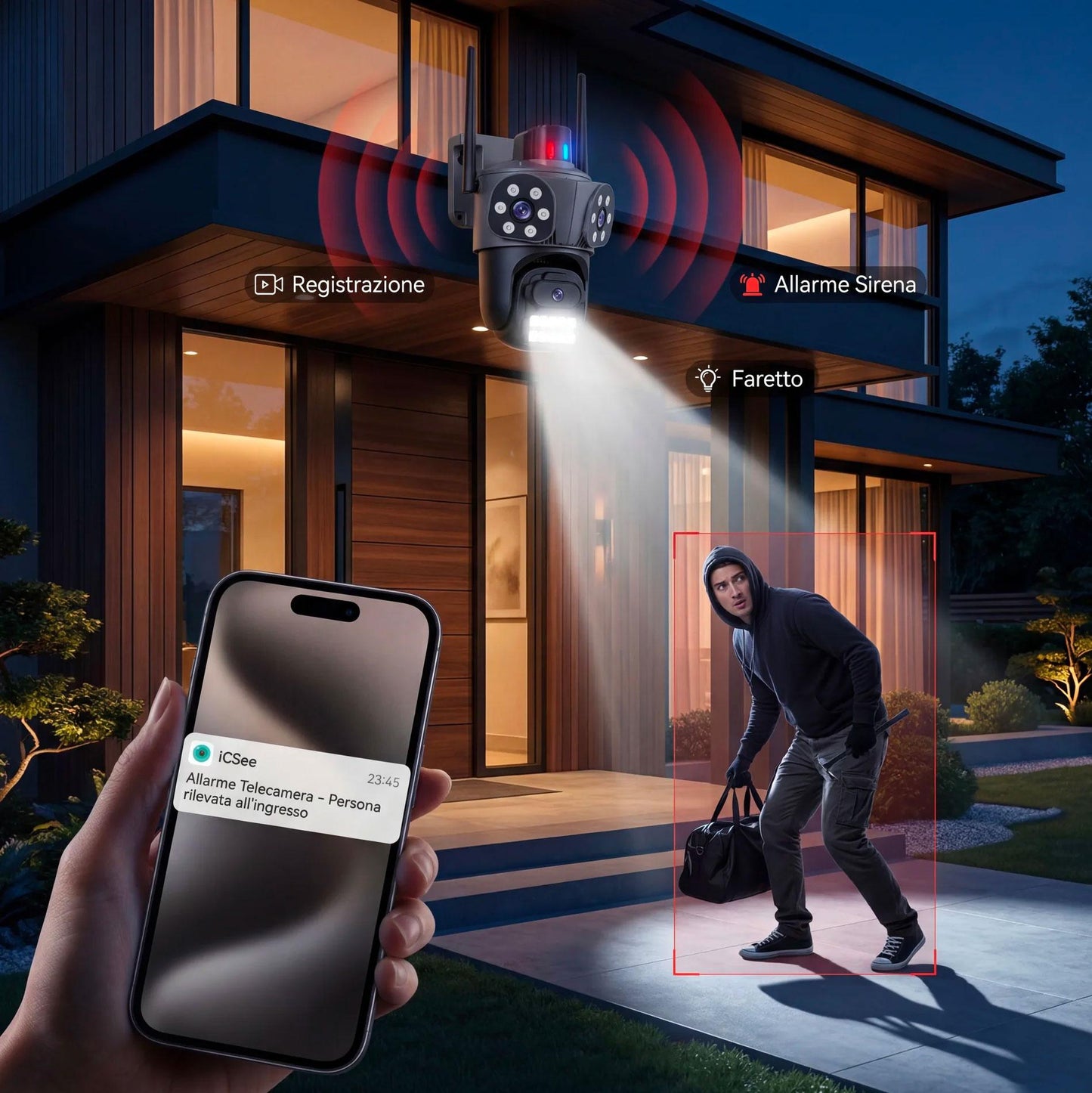 Telecamera WiFi Esterno con App iCSee, 360° Pan Tilt, Visione Notturna, Allarme Sirena e Controllo da Smartphone