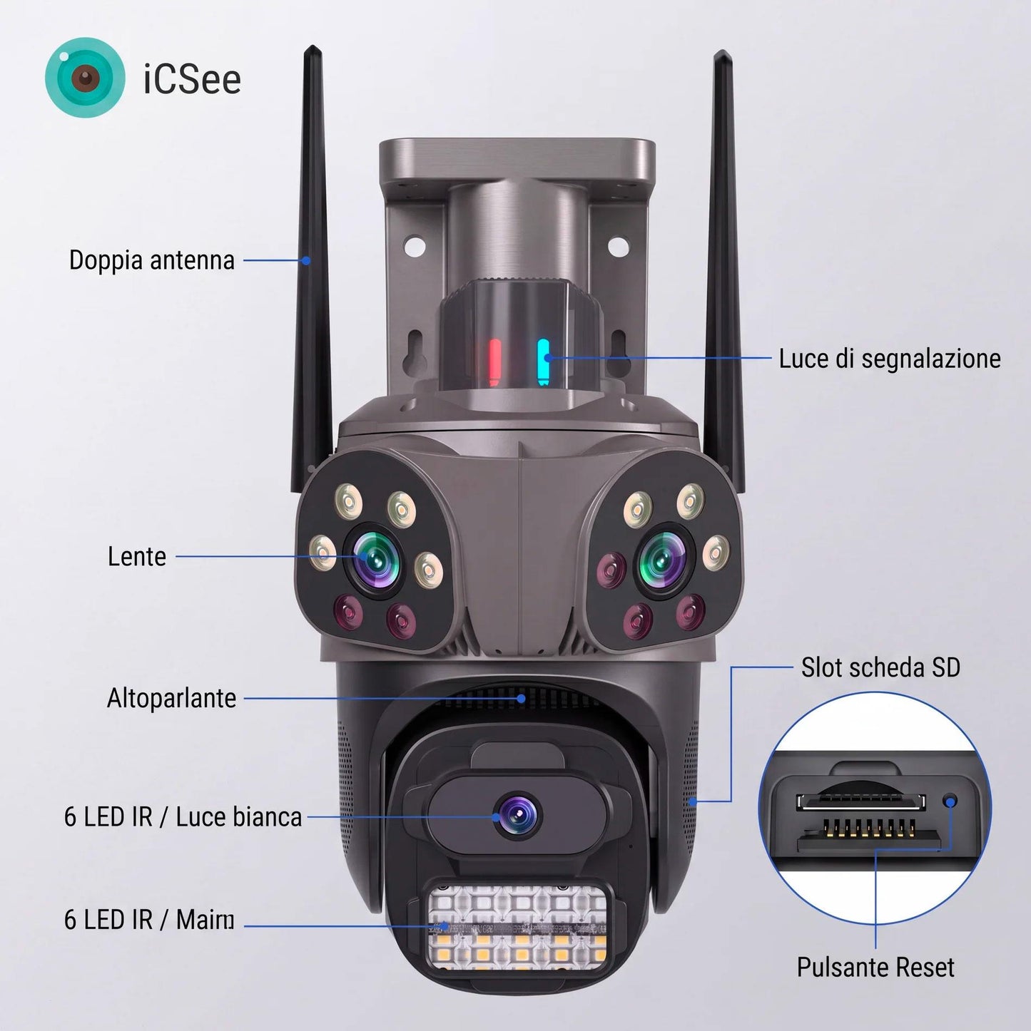 Telecamera WiFi Esterno con App iCSee, 360° Pan Tilt, Visione Notturna, Allarme Sirena e Controllo da Smartphone