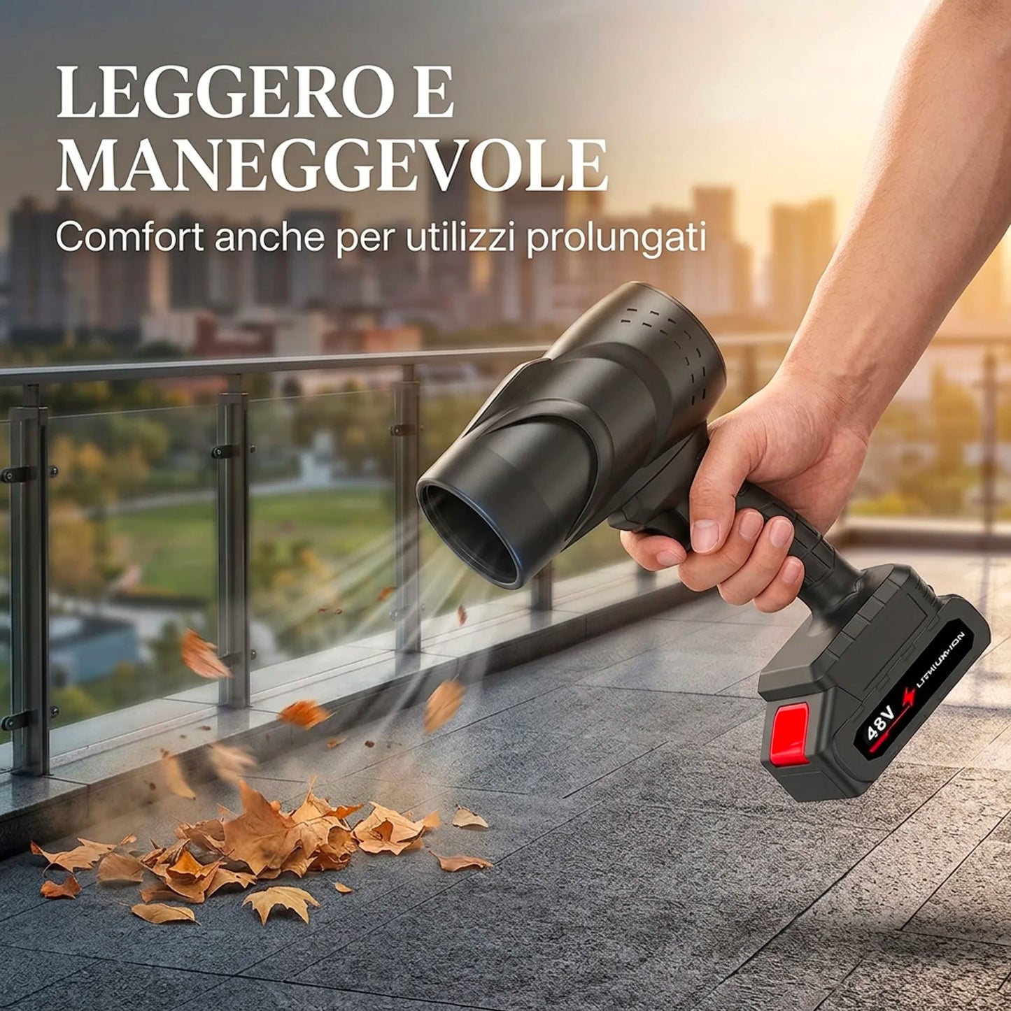 Soffiatore a Batteria 48V con 2 Batterie 3000mAh, Velocità Aria 290 km/h, Senza Fili