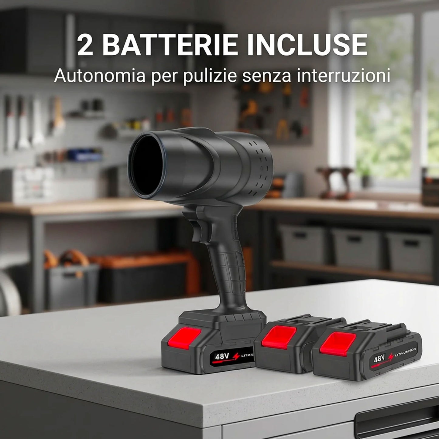 Soffiatore a Batteria 48V con 2 Batterie 3000mAh, Velocità Aria 290 km/h, Senza Fili