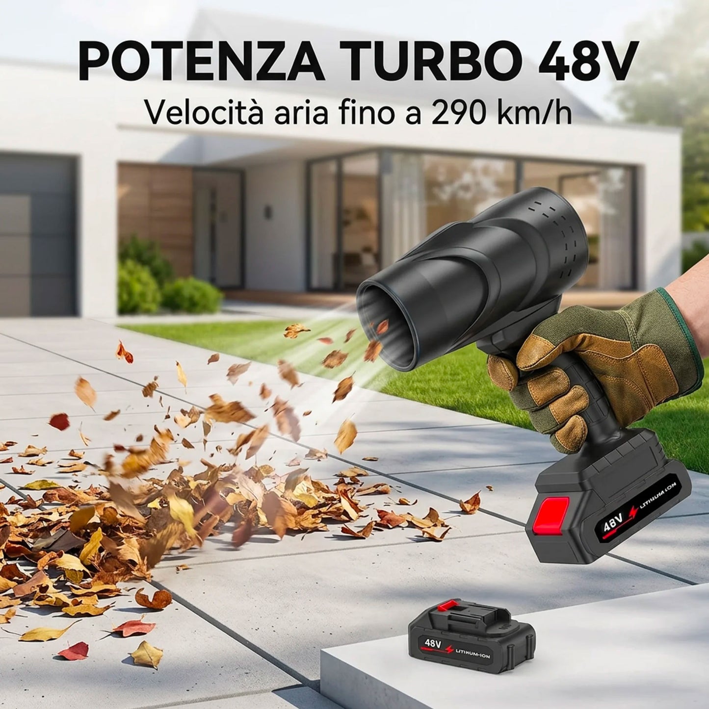 Soffiatore a Batteria 48V con 2 Batterie 3000mAh, Velocità Aria 290 km/h, Senza Fili