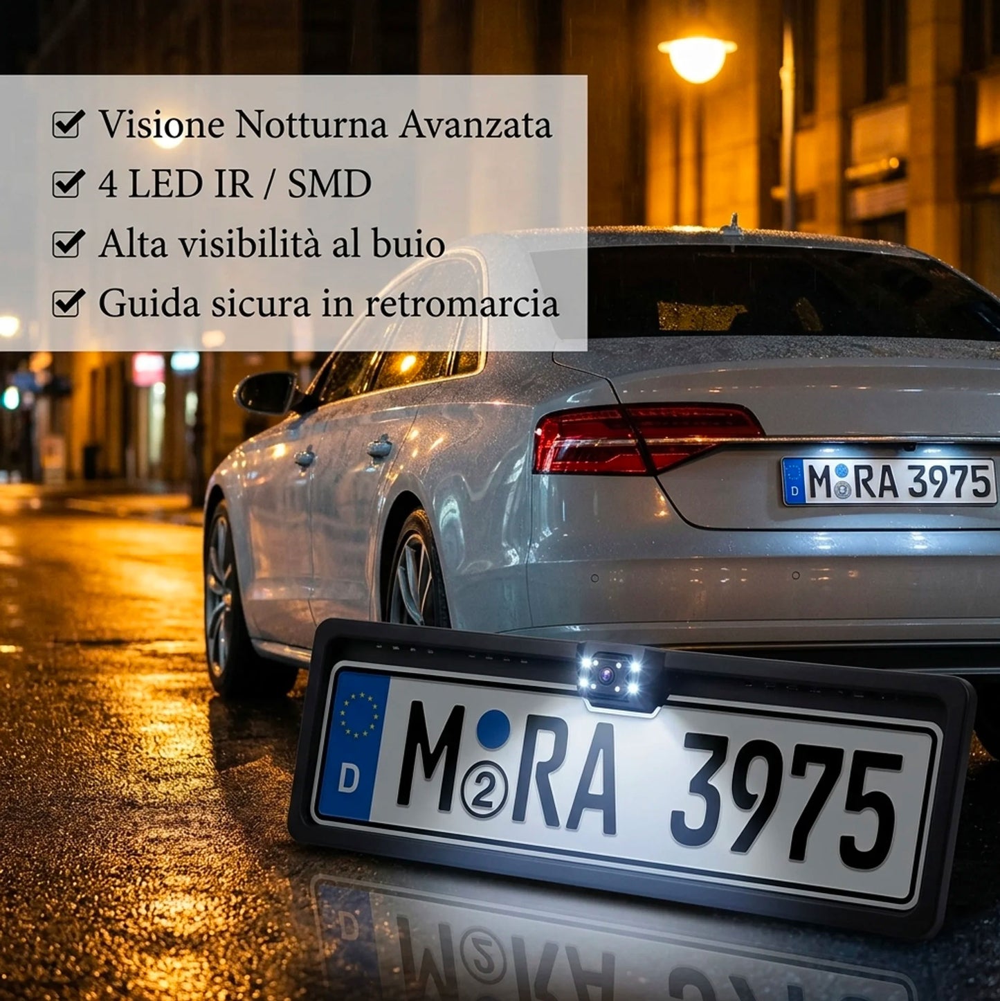 Portatarga con Telecamera Retromarcia HD Grandangolare IP68 – Retrocamera Auto Notturna 12V Universale con LED IR / SMD