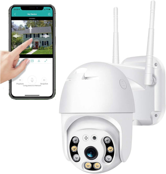 Telecamera wifi esterno 360° con visione notturna a colori, Videocamera ptz da esterno con rilevamento del movimento, audio bidirezionale ed app icsee