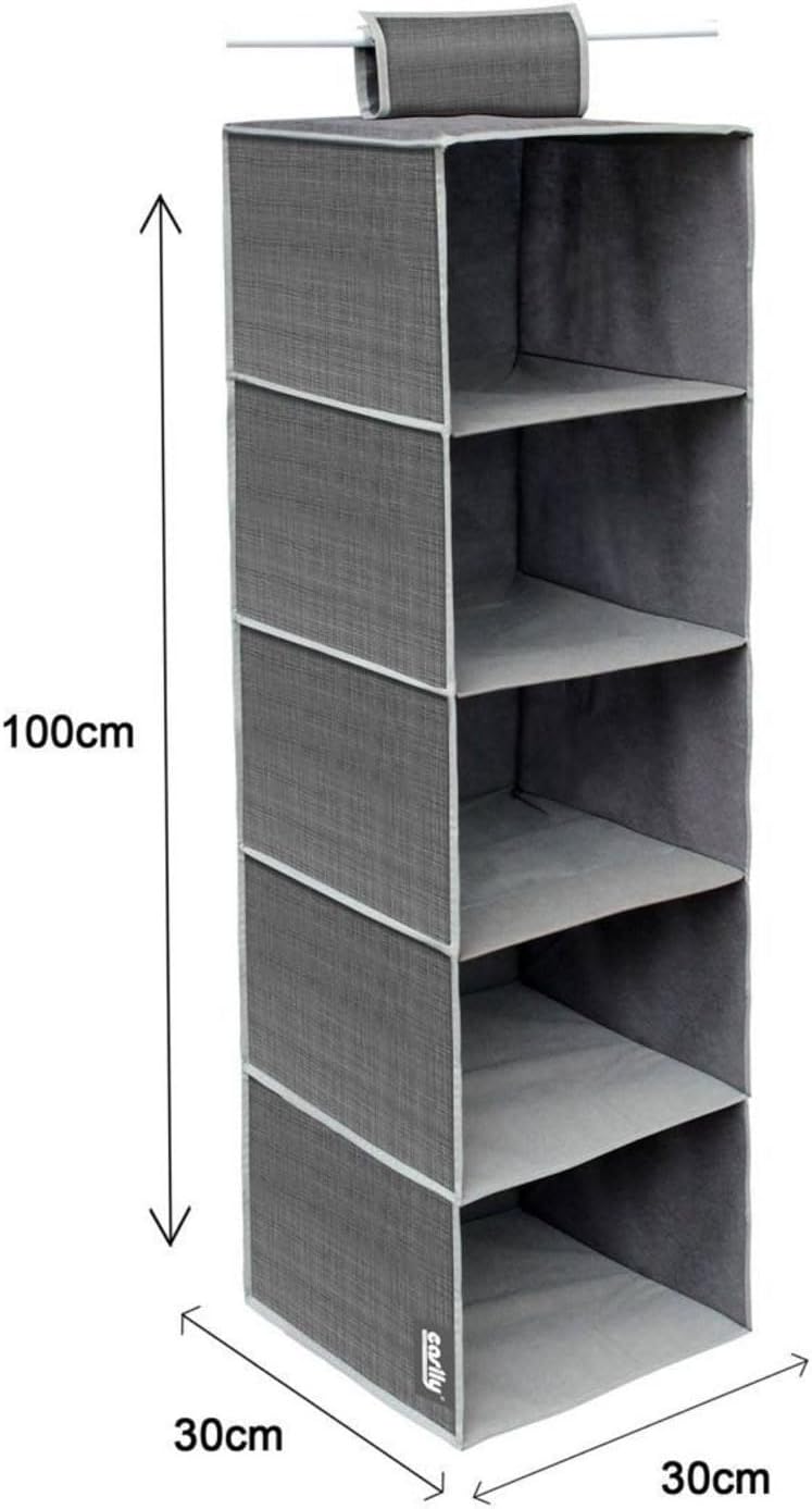 081 Store - 3 PEZZI Organizer da appendere nell’armadio - 5 ripiani, grigio scuro, 100 x 30 x 30 cm