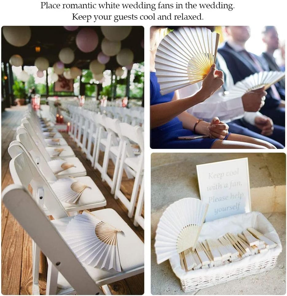 081 Negozio 108 Ventagli in legno di bambù e carta bianca per matrimoni, matrimoni, spose, eventi, segnaposto per chiesa