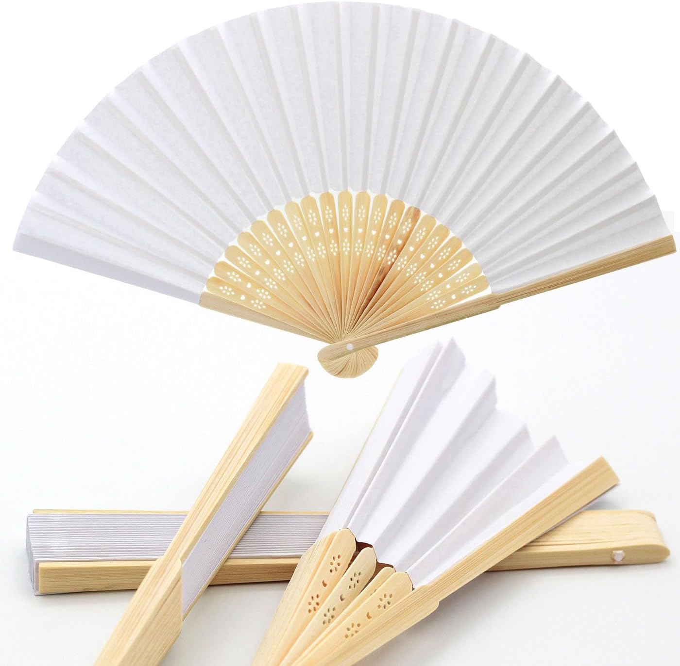 081 Store 120 Ventagli in legno di bambù e carta bianca per matrimoni, matrimoni, spose, eventi, segnaposto per chiesa