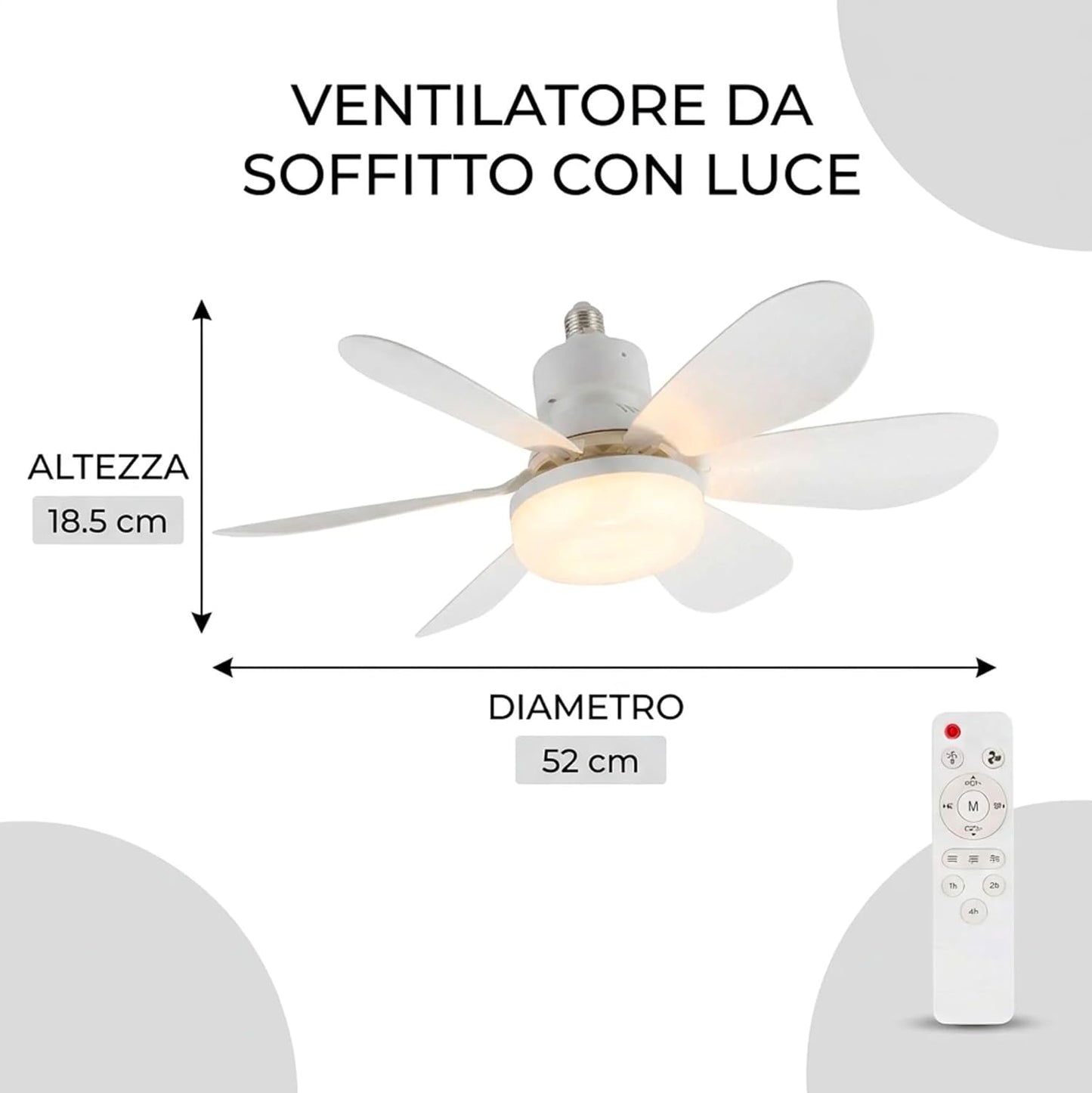 Ventilatore da Soffitto con Luce LED E27 e Telecomando, Ventilatore Lampadario 52 cm con 3 Velocità e 3 Colori di Luce, Ventilatore Silenzioso con Attacco E27 Universale per Camera da Letto, Cucina e Ufficio