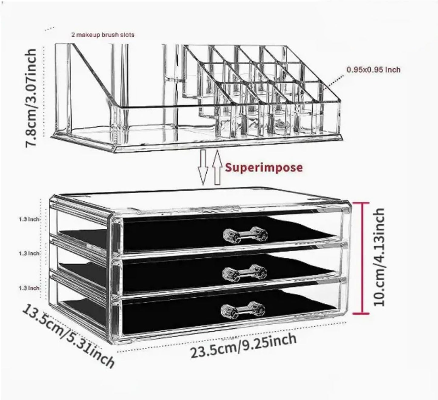 081 Store Organizer per trucchi, organizer per cosmetici, organizer per trucchi con 15 scomparti e 3 cassetti in acrilico per toeletta