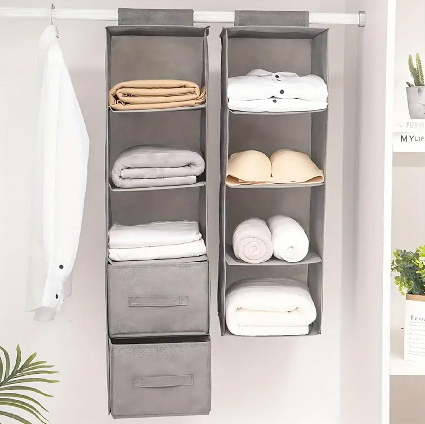 081 Store - 3 PEZZI Organizer da appendere nell’armadio - 5 ripiani, grigio scuro, 100 x 30 x 30 cm