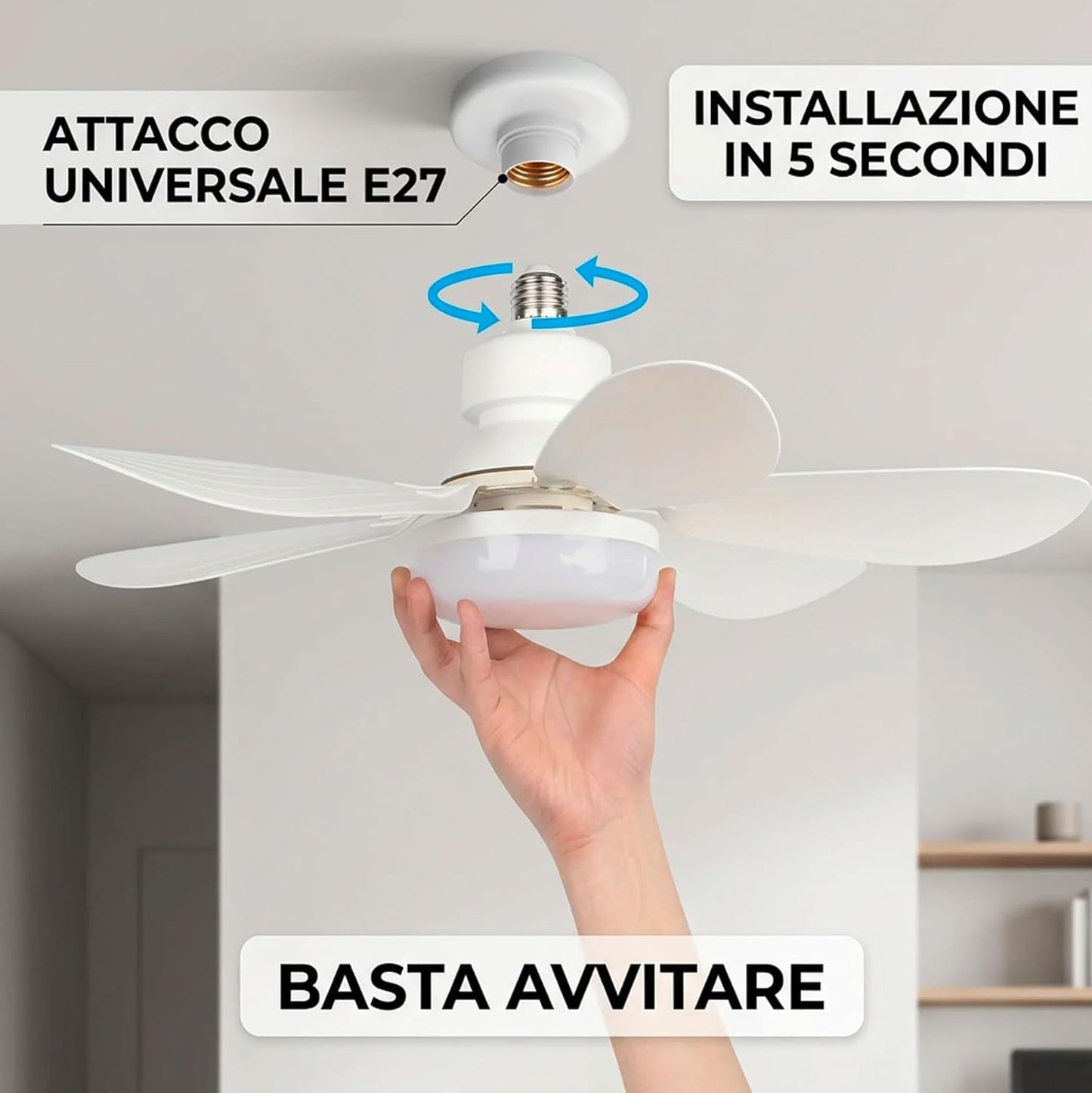 Ventilatore da Soffitto con Luce LED E27 e Telecomando, Ventilatore Lampadario 52 cm con 3 Velocità e 3 Colori di Luce, Ventilatore Silenzioso con Attacco E27 Universale per Camera da Letto, Cucina e Ufficio