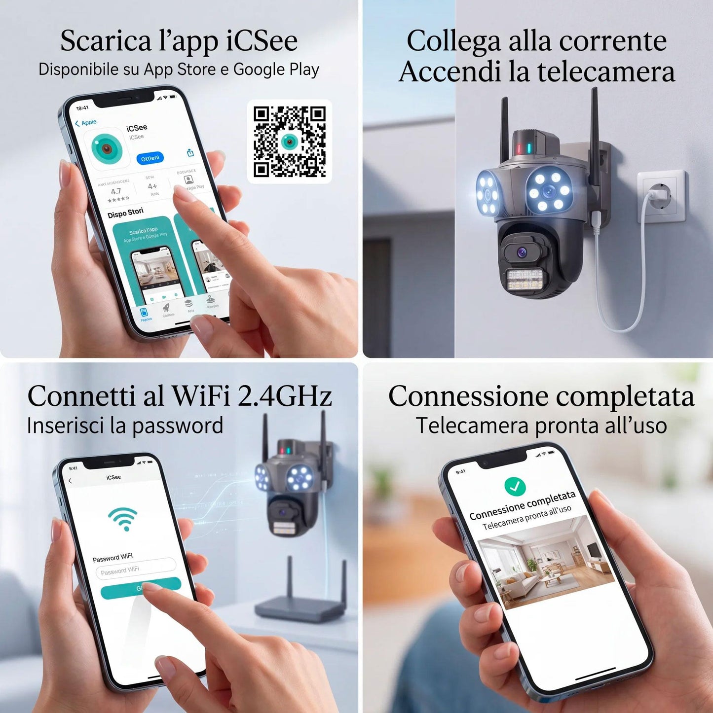 Telecamera WiFi Esterno con App iCSee, 360° Pan Tilt, Visione Notturna, Allarme Sirena e Controllo da Smartphone