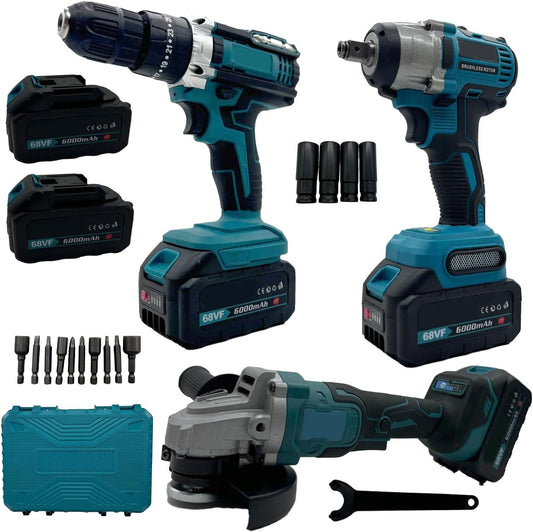 081 Store - Set Completo Professionale 3 in 1 Fai da Te con Trapano Avvitatore a Batteria, Smerigliatrice Angolare Senza Fili e Trapano a Impulsi per Bulloni 68V – Strumenti Potenti e Versatili per Og