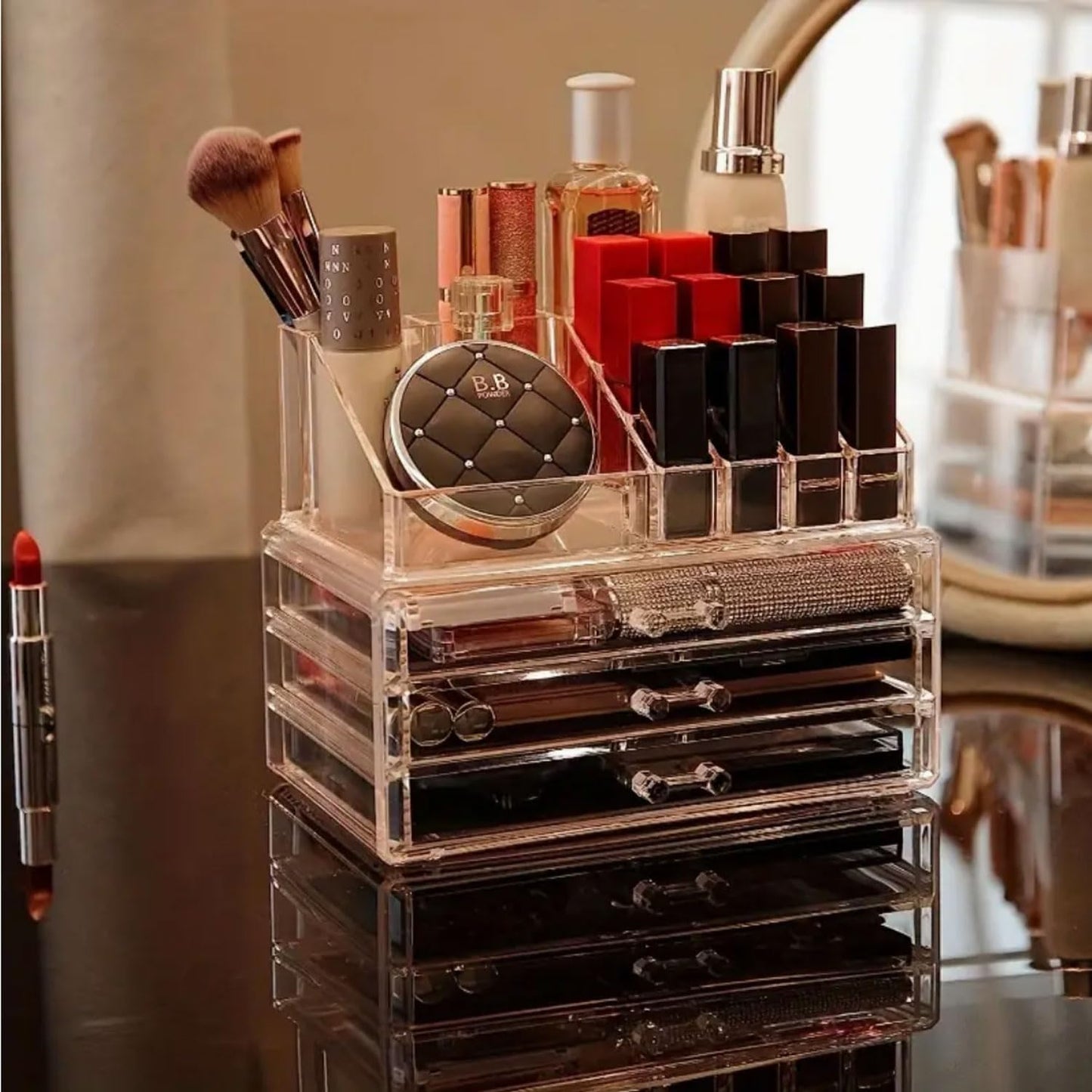 081 Store Organizer per trucchi, organizer per cosmetici, organizer per trucchi con 15 scomparti e 3 cassetti in acrilico per toeletta