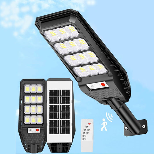 081 Store - lampione solare esterno 200W, con palo e telecomando, sensore di movimento e crepuscolare con 144 LED luce bianco freddo