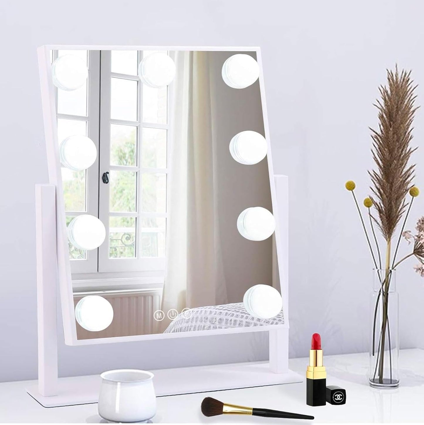 Specchio per Trucco con 9 Luci LED, 3 Modalità di Luce, Luminosità Regolabile, Rotazione 360°, Specchio Ingranditore 10X Rimovibile, Controllo Touch, Alimentazione USB, per Make Up e Toeletta