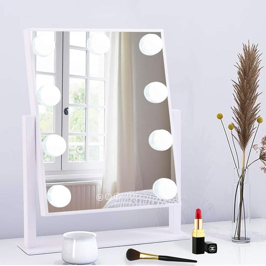 Specchio per Trucco con 9 Luci LED, 3 Modalità di Luce, Luminosità Regolabile, Rotazione 360°, Specchio Ingranditore 10X Rimovibile, Controllo Touch, Alimentazione USB, per Make Up e Toeletta