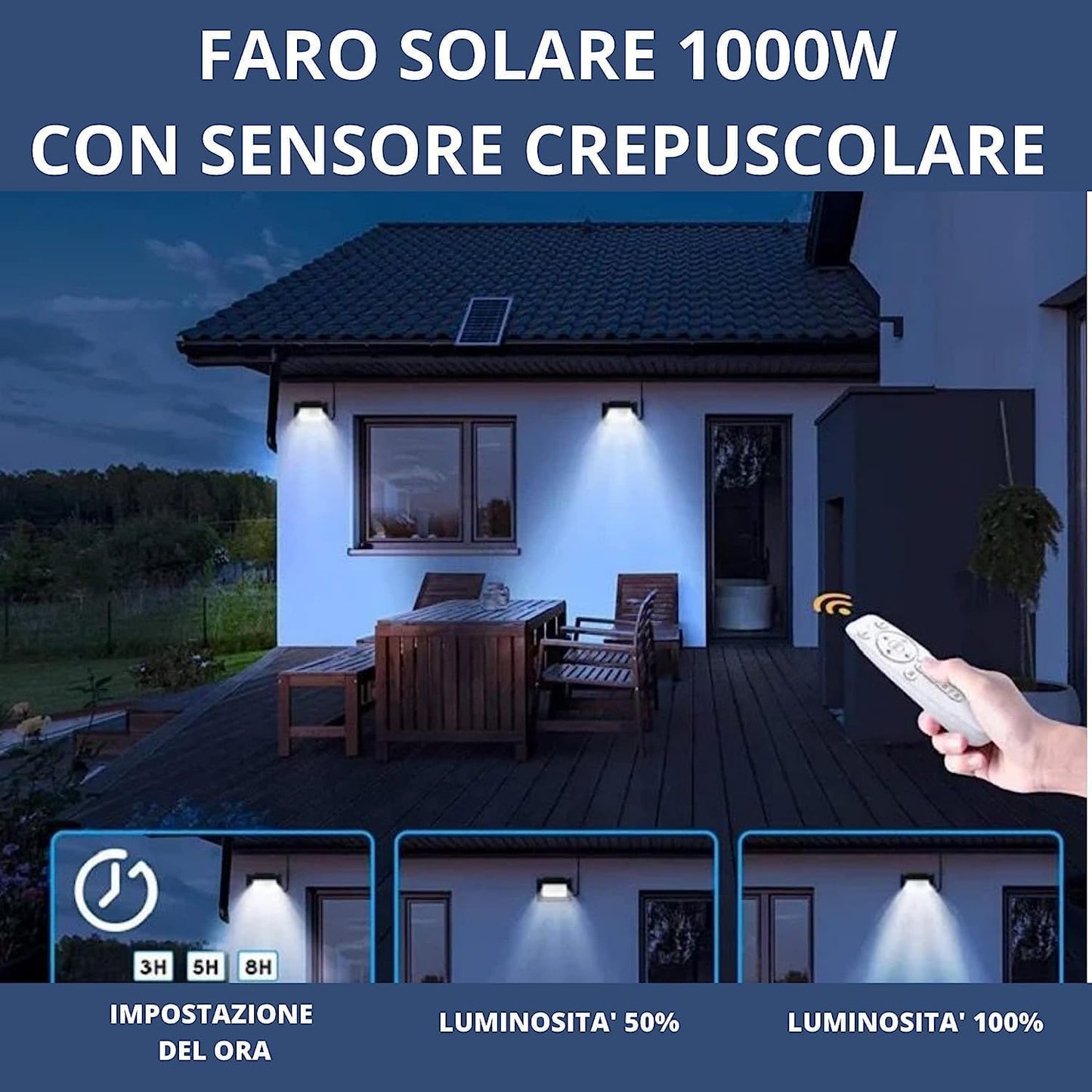 Kit 3 Faretti LED Solari 1000W 6000K IP66 con Telecomando – Proiettori Esterni a Energia Solare Impermeabili Luce Bianca Fredda per Giardino, Cortile e Magazzino