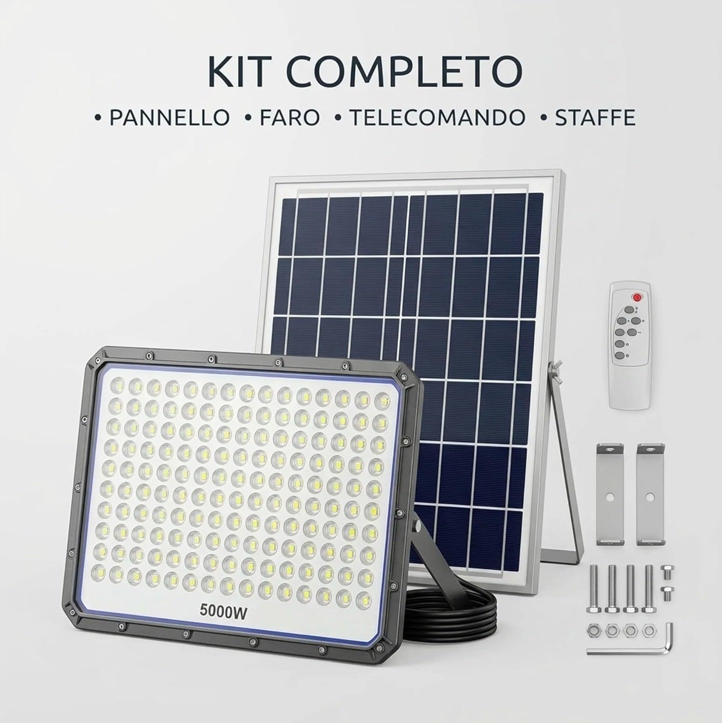 Faro Solare LED Esterno 5000W con Pannello Solare, 320 LED Ultra Luminosi, Luce Bianca Fredda 6500K, Telecomando Incluso, IP66 Impermeabile, Autonomia fino a 12 Ore