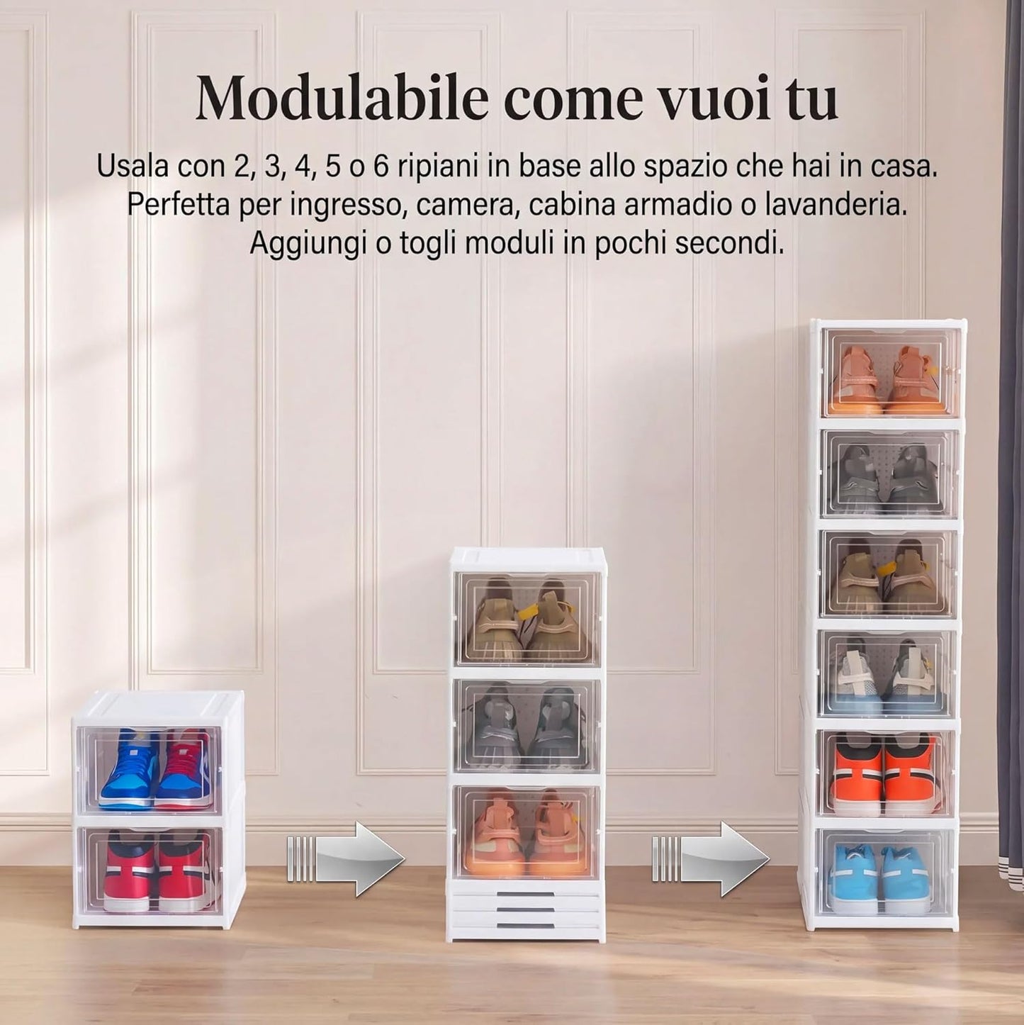 Scarpiera Salvaspazio Pieghevole set da 2,  12 Ripiani Totali, Organizzatore Compatto con 6 Scatole Porta Scarpe