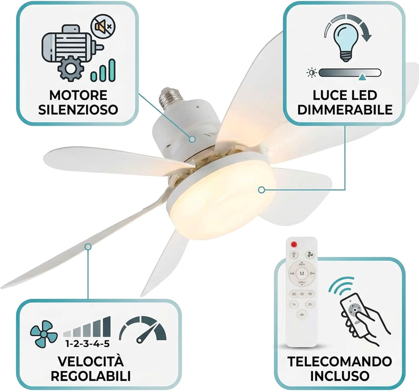 Ventilatore da Soffitto con Luce LED E27 e Telecomando, Ventilatore Lampadario 52 cm con 3 Velocità e 3 Colori di Luce, Ventilatore Silenzioso con Attacco E27 Universale per Camera da Letto, Cucina e Ufficio