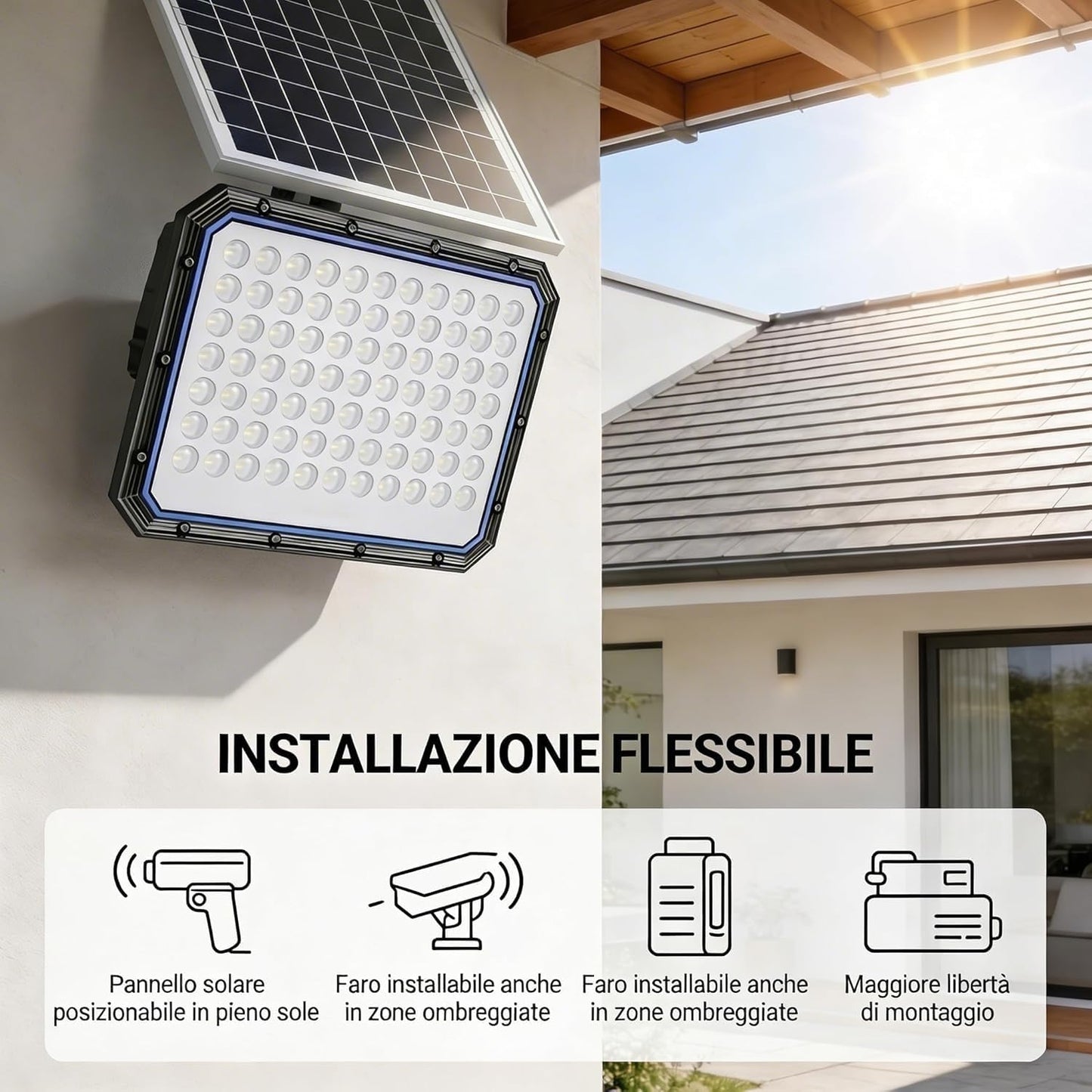 Faro LED da Esterno Solare 2000W con Pannello Solare, Sensore Crepuscolare, Telecomando, Luce Bianca Fredda, IP66 Impermeabile