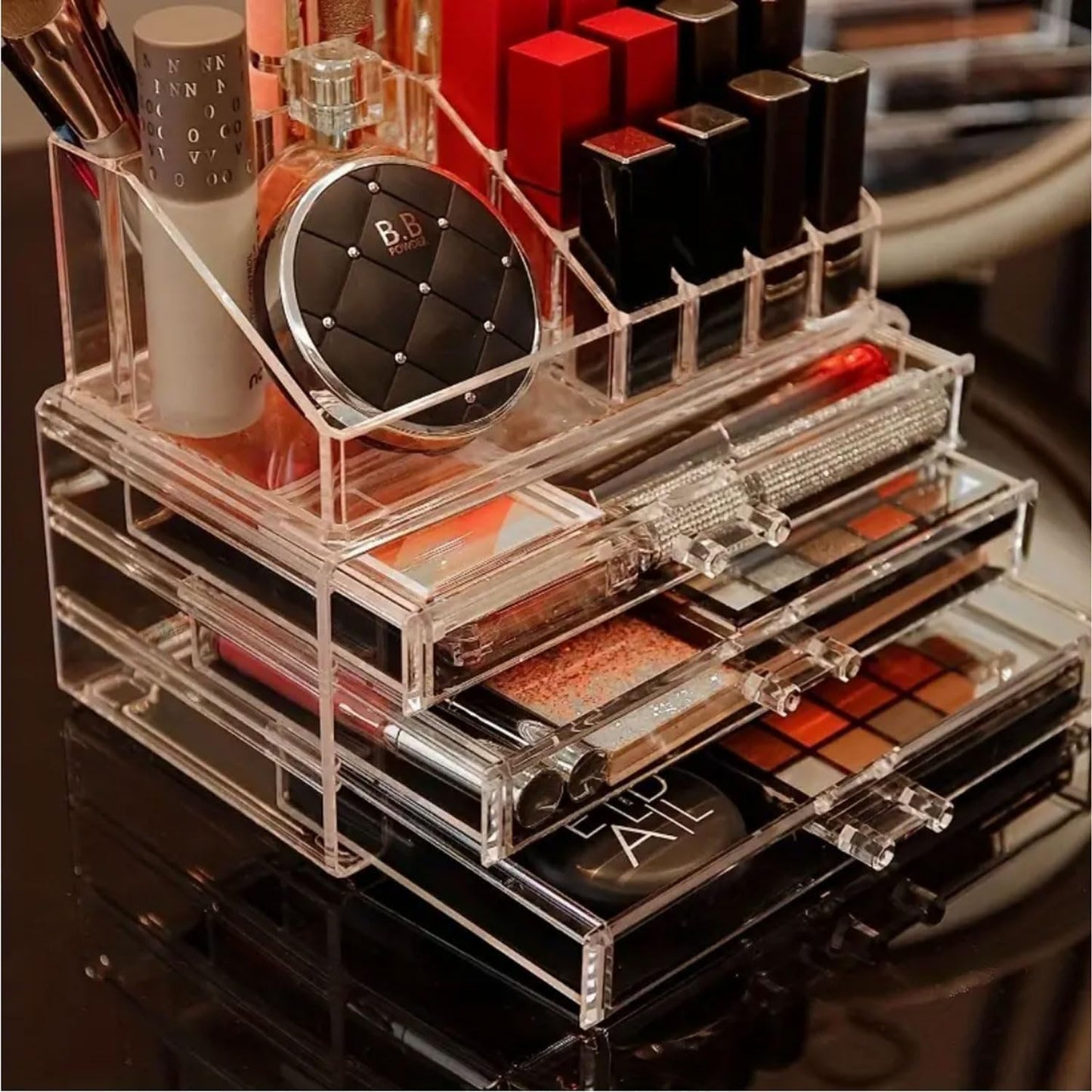 081 Store Organizer per trucchi, organizer per cosmetici, organizer per trucchi con 15 scomparti e 3 cassetti in acrilico per toeletta