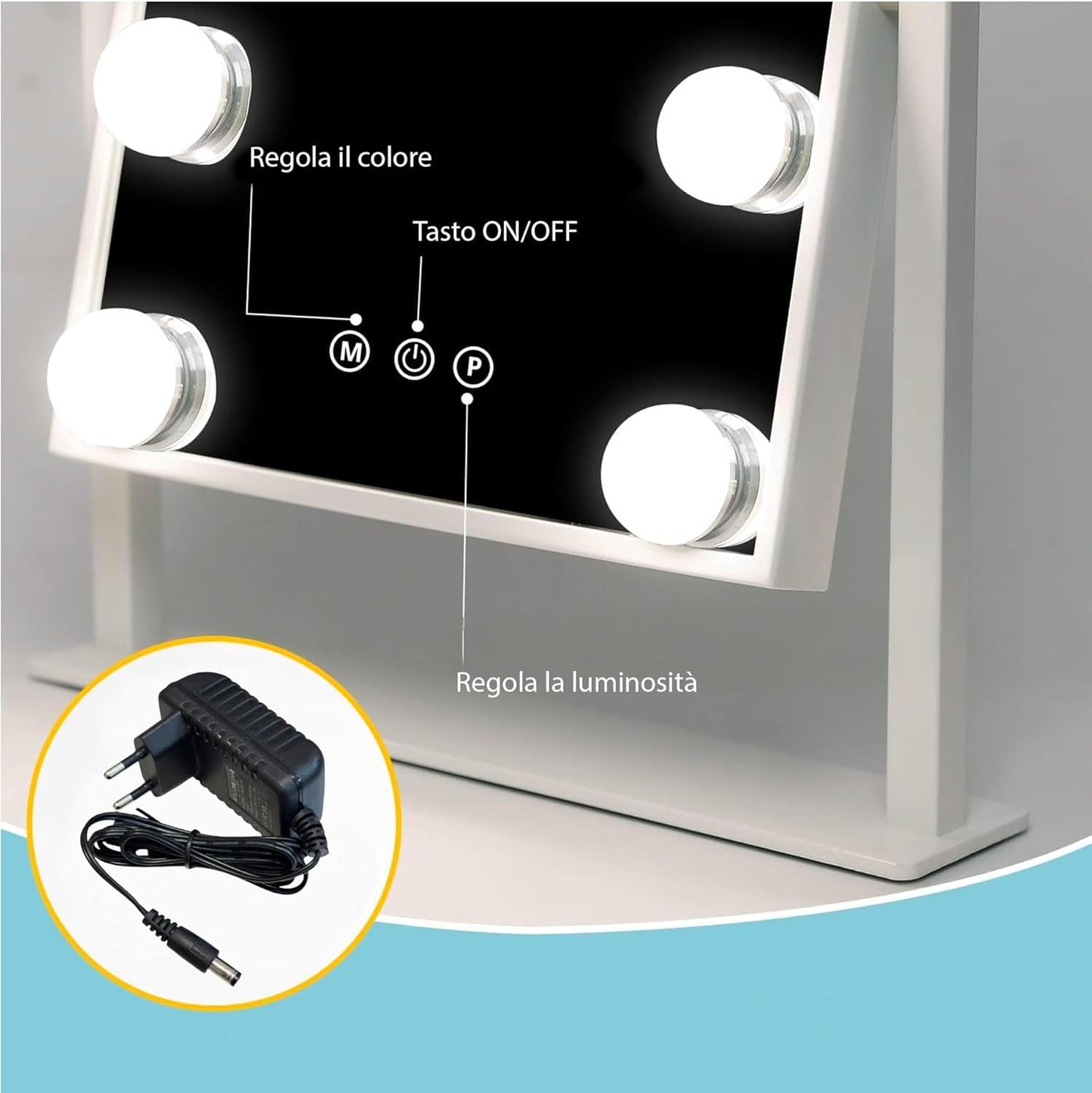 Specchio per Trucco con 9 Luci LED, 3 Modalità di Luce, Luminosità Regolabile, Rotazione 360°, Specchio Ingranditore 10X Rimovibile, Controllo Touch, Alimentazione USB, per Make Up e Toeletta