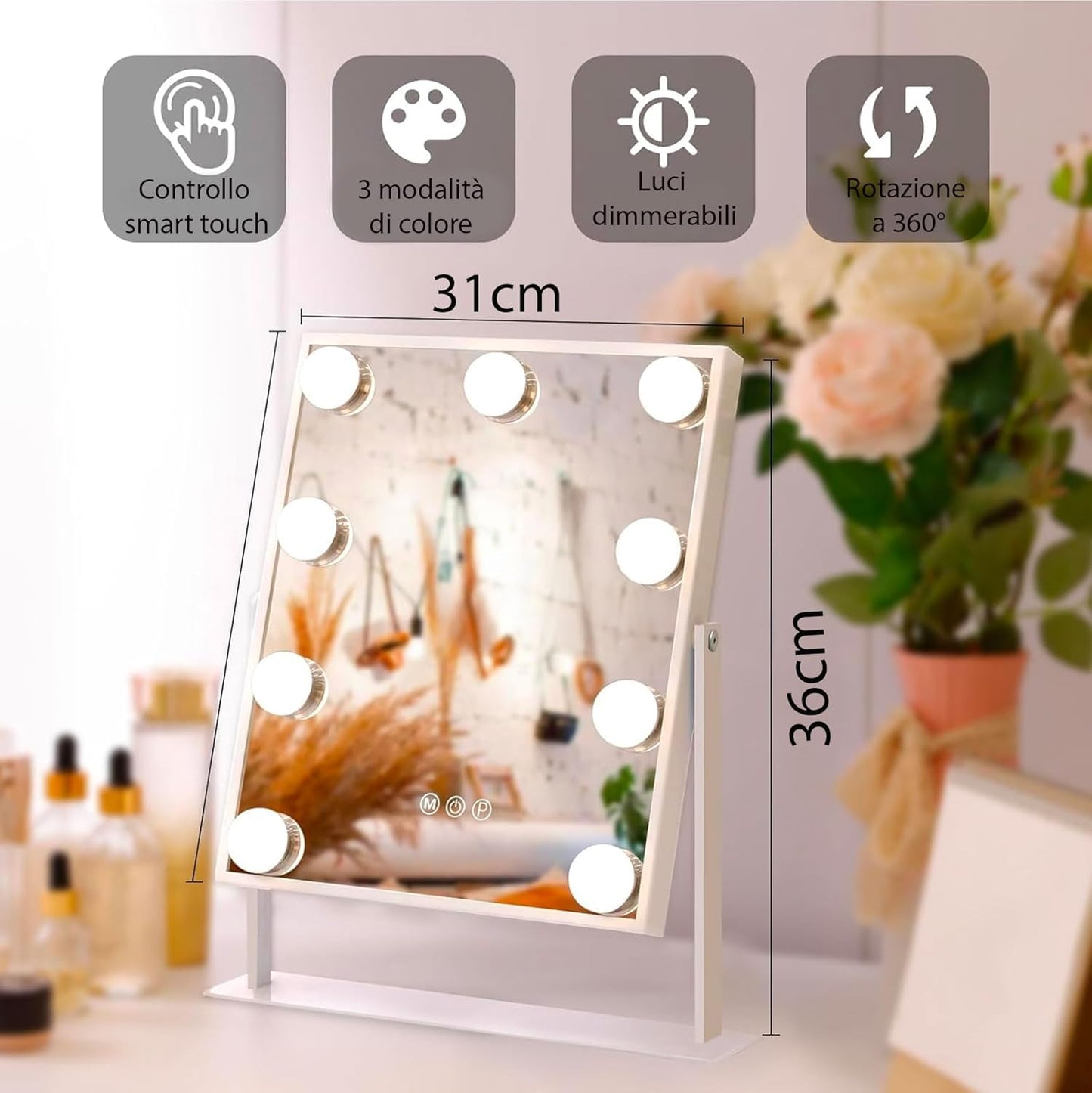 Specchio per Trucco con 9 Luci LED, 3 Modalità di Luce, Luminosità Regolabile, Rotazione 360°, Specchio Ingranditore 10X Rimovibile, Controllo Touch, Alimentazione USB, per Make Up e Toeletta