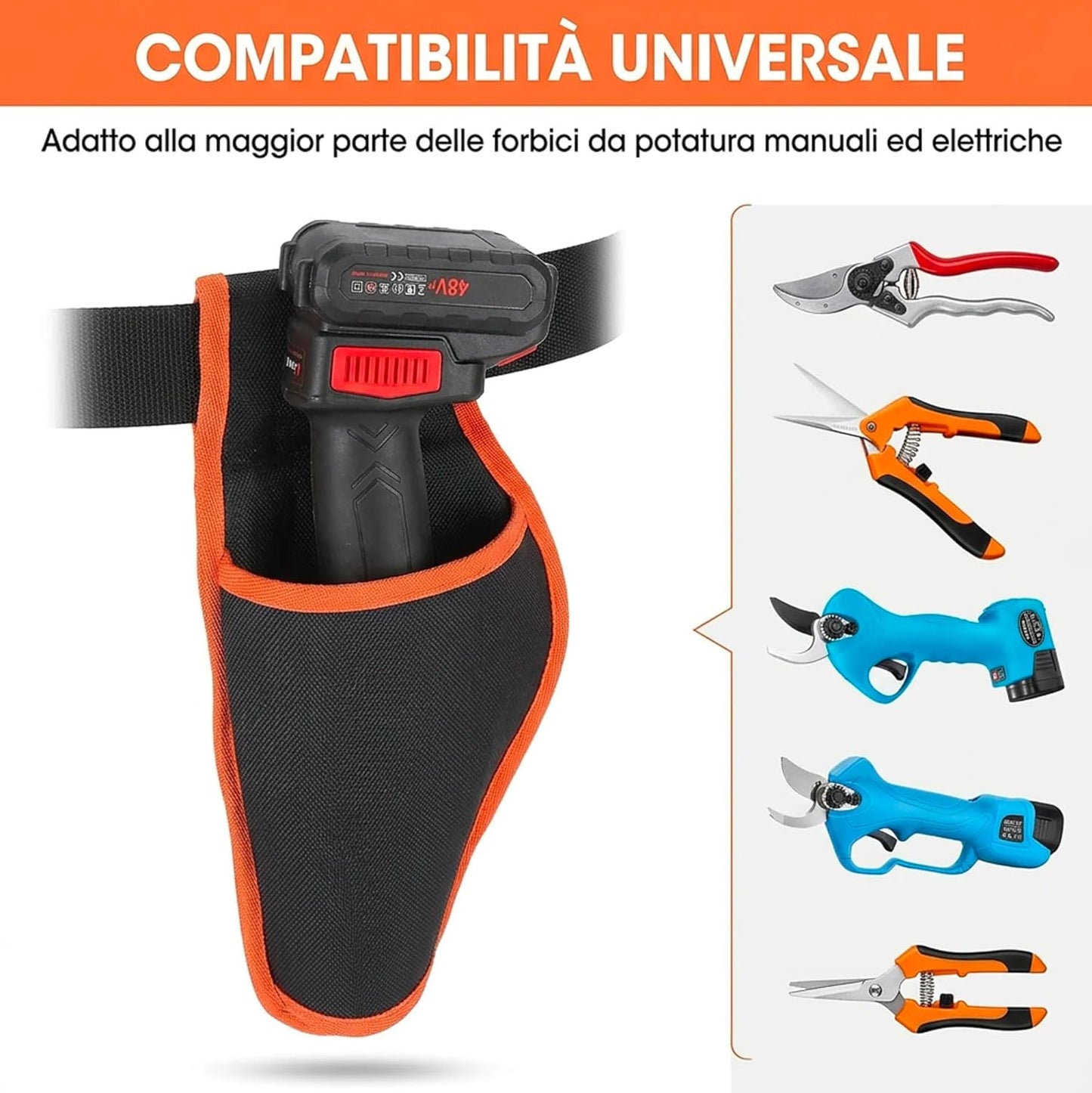 Cintura Porta Forbici da Potatura con Fodero e Porta Batteria – Custodia in Nylon Resistente con Cintura Regolabile e 2 Tasche per Attrezzi da Giardino